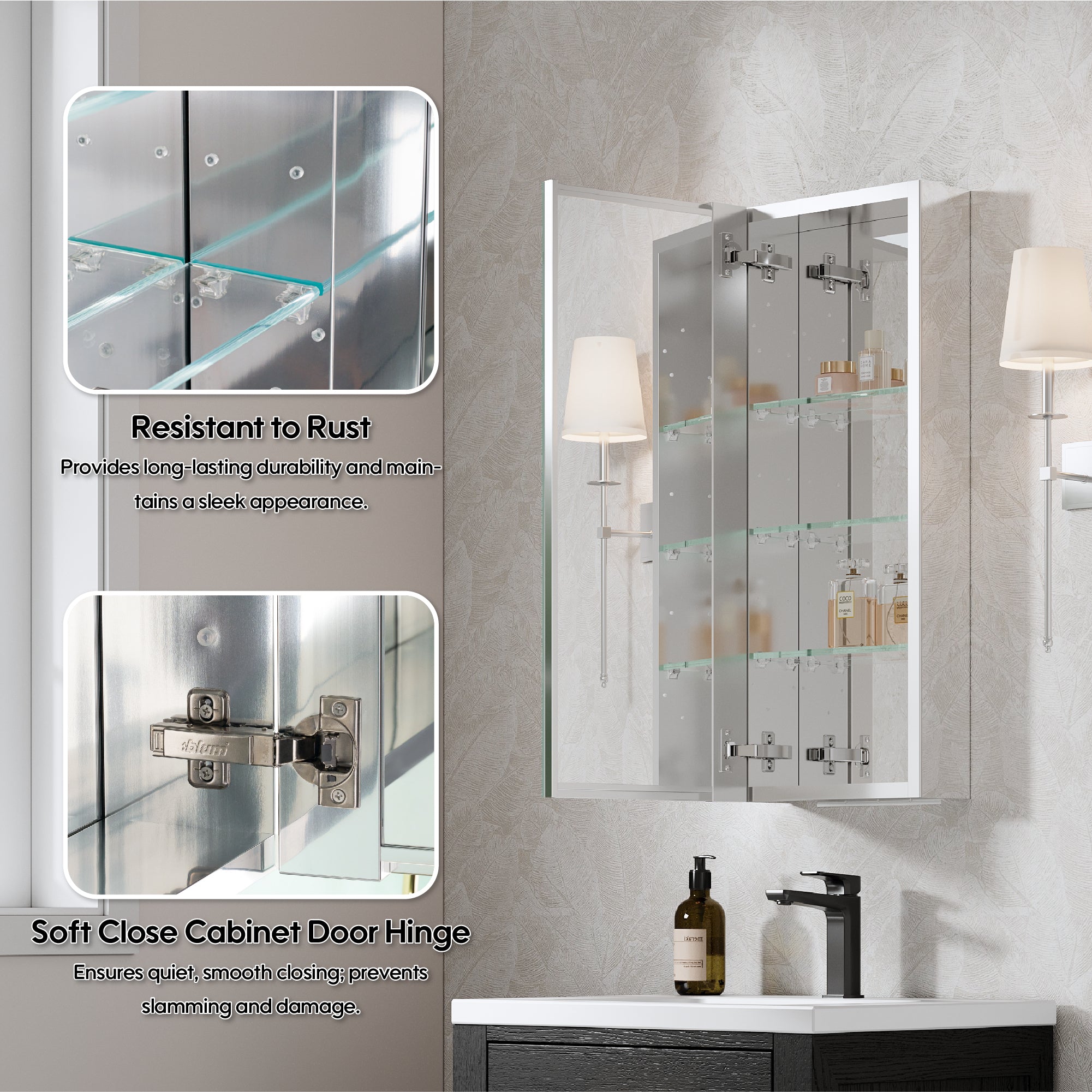 12 in. ×30 in. Copper-Free Tri-Views Mirror Medicine Cabinet with Adjustable Shelves and Left Swing Door