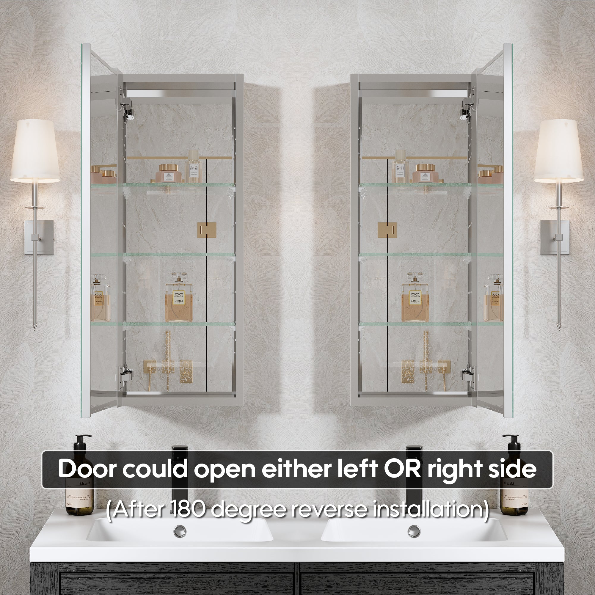 12 in. ×30 in. Copper-Free Tri-Views Mirror Medicine Cabinet with Adjustable Shelves and Left Swing Door