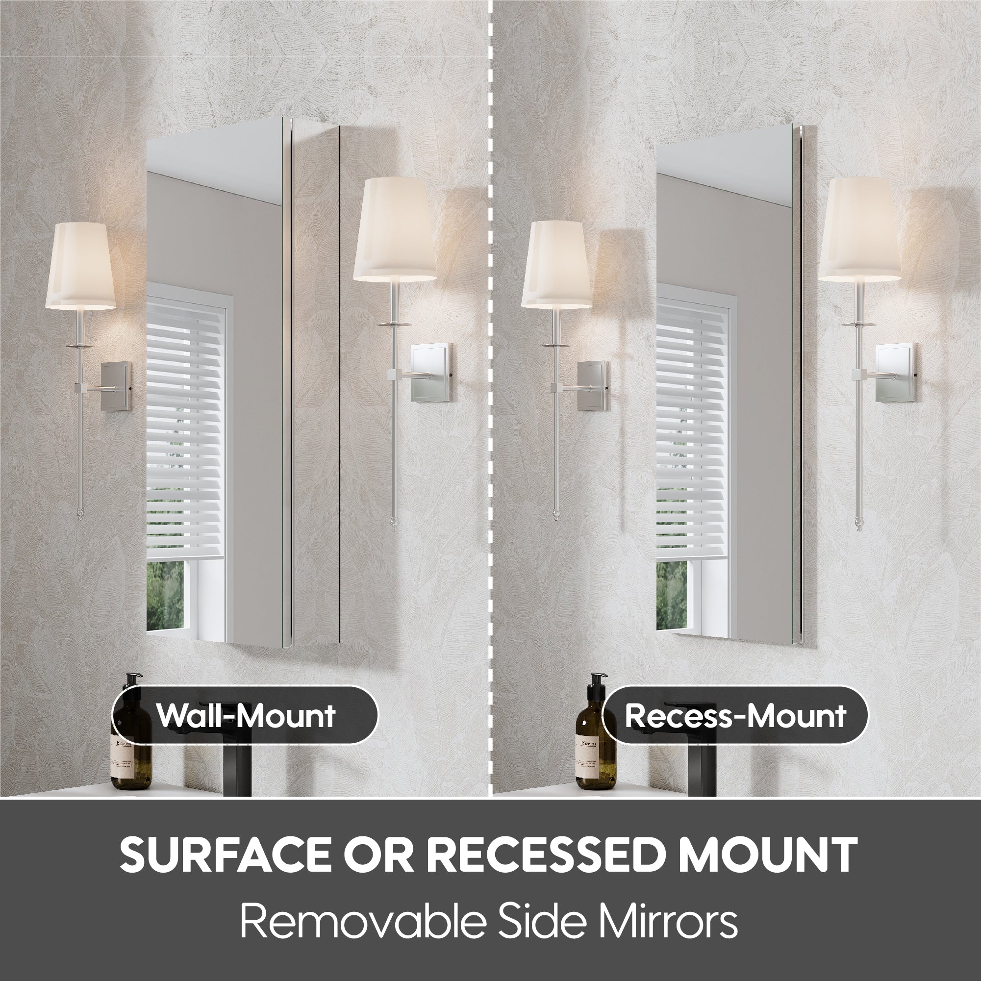 12 in. ×30 in. Copper-Free Tri-Views Mirror Medicine Cabinet with Adjustable Shelves and Left Swing Door