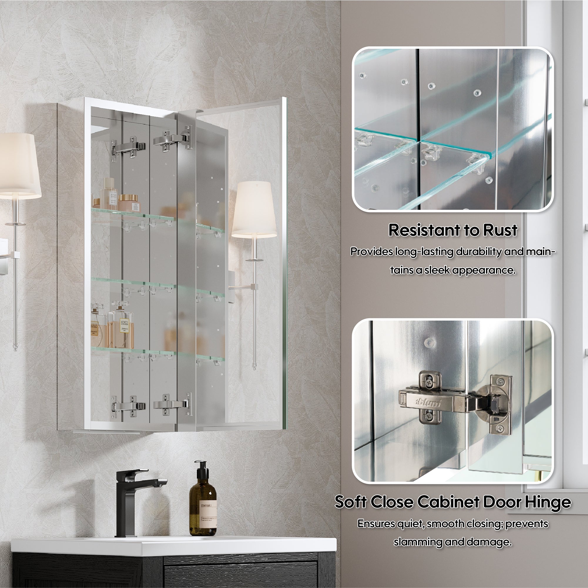 12 in. ×30 in. Copper-Free Tri-Views Mirror Medicine Cabinet with Adjustable Shelves and Right Swing Door
