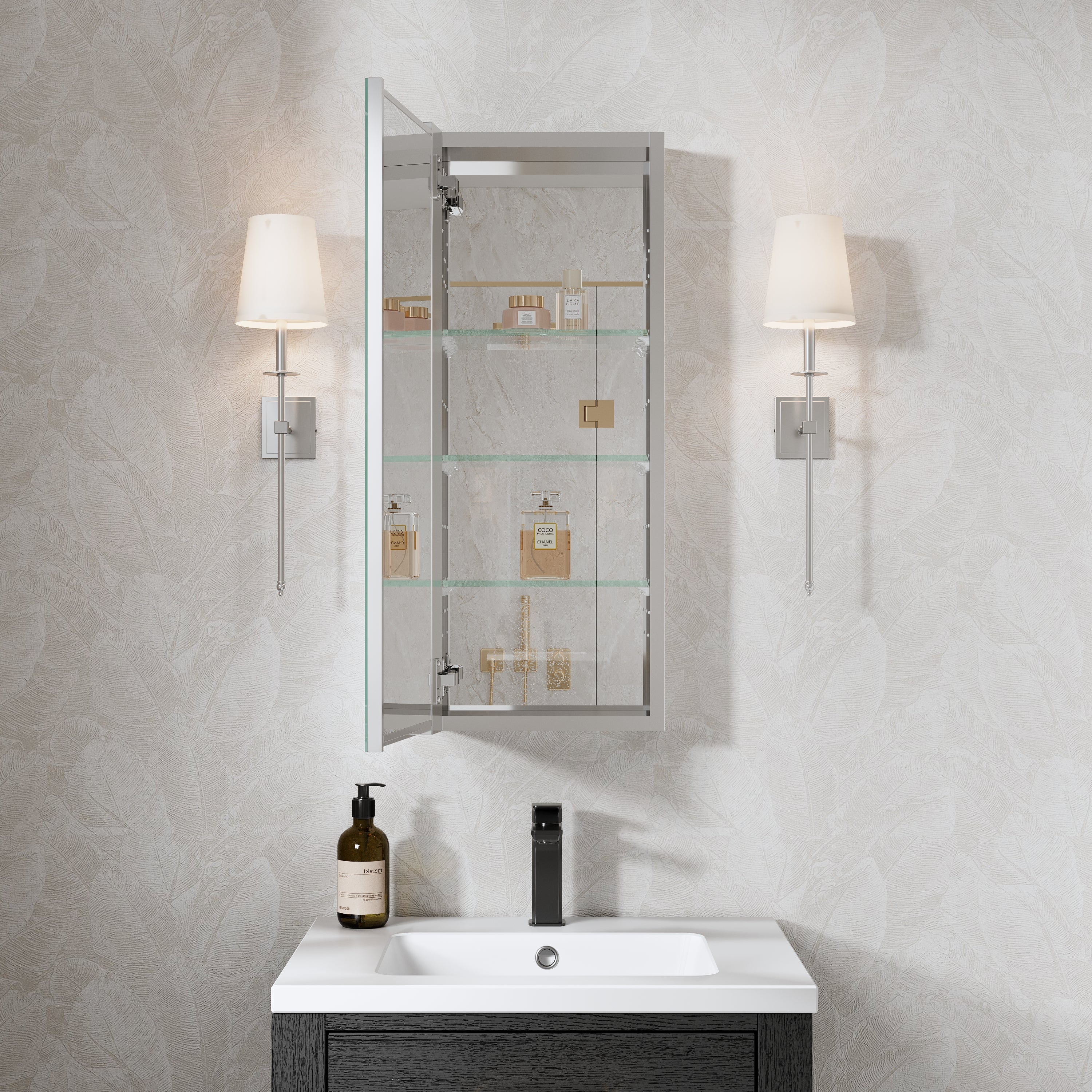 12 in. ×30 in. Copper-Free Tri-Views Mirror Medicine Cabinet with Adjustable Shelves and Left Swing Door