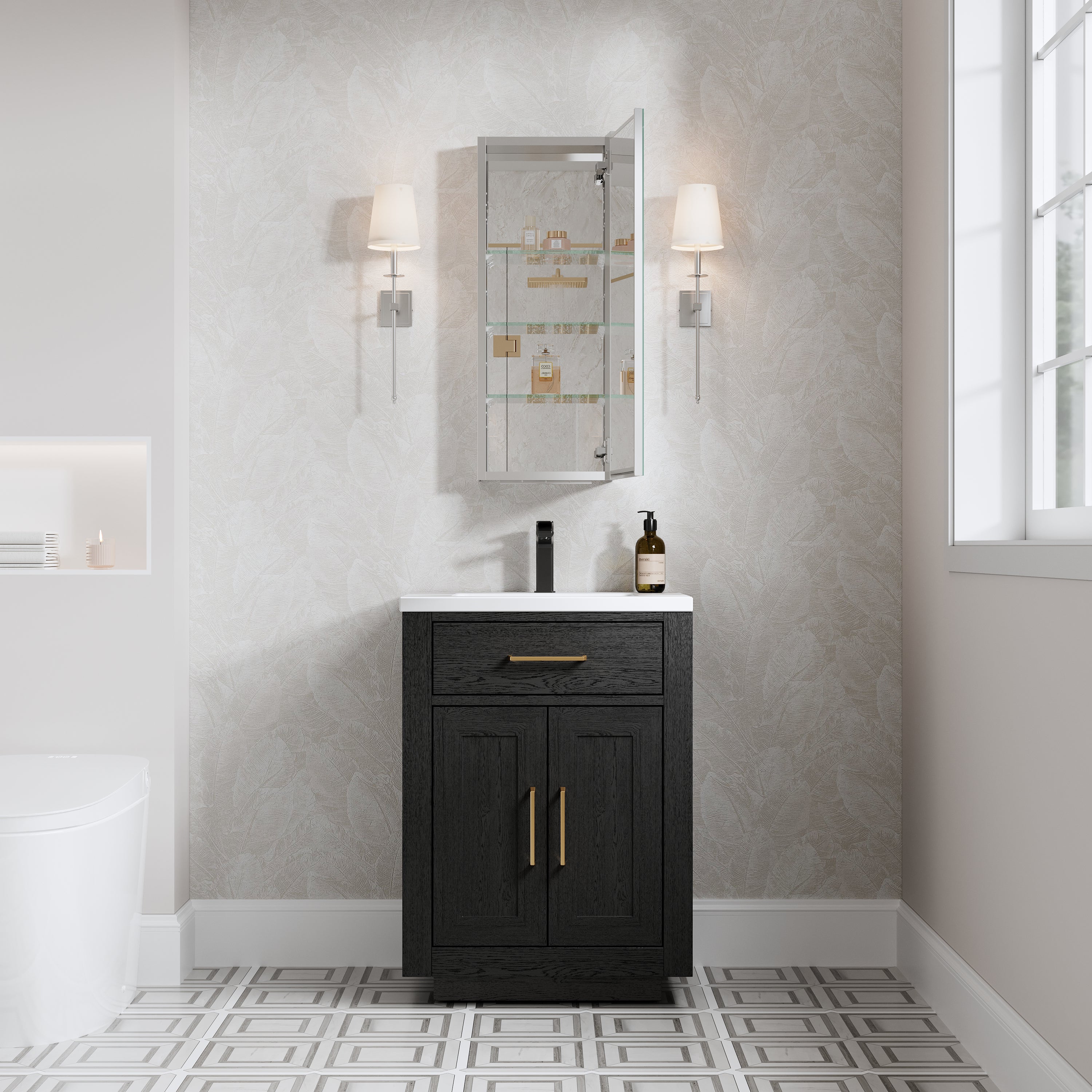 12 in. ×30 in. Copper-Free Tri-Views Mirror Medicine Cabinet with Adjustable Shelves and Right Swing Door