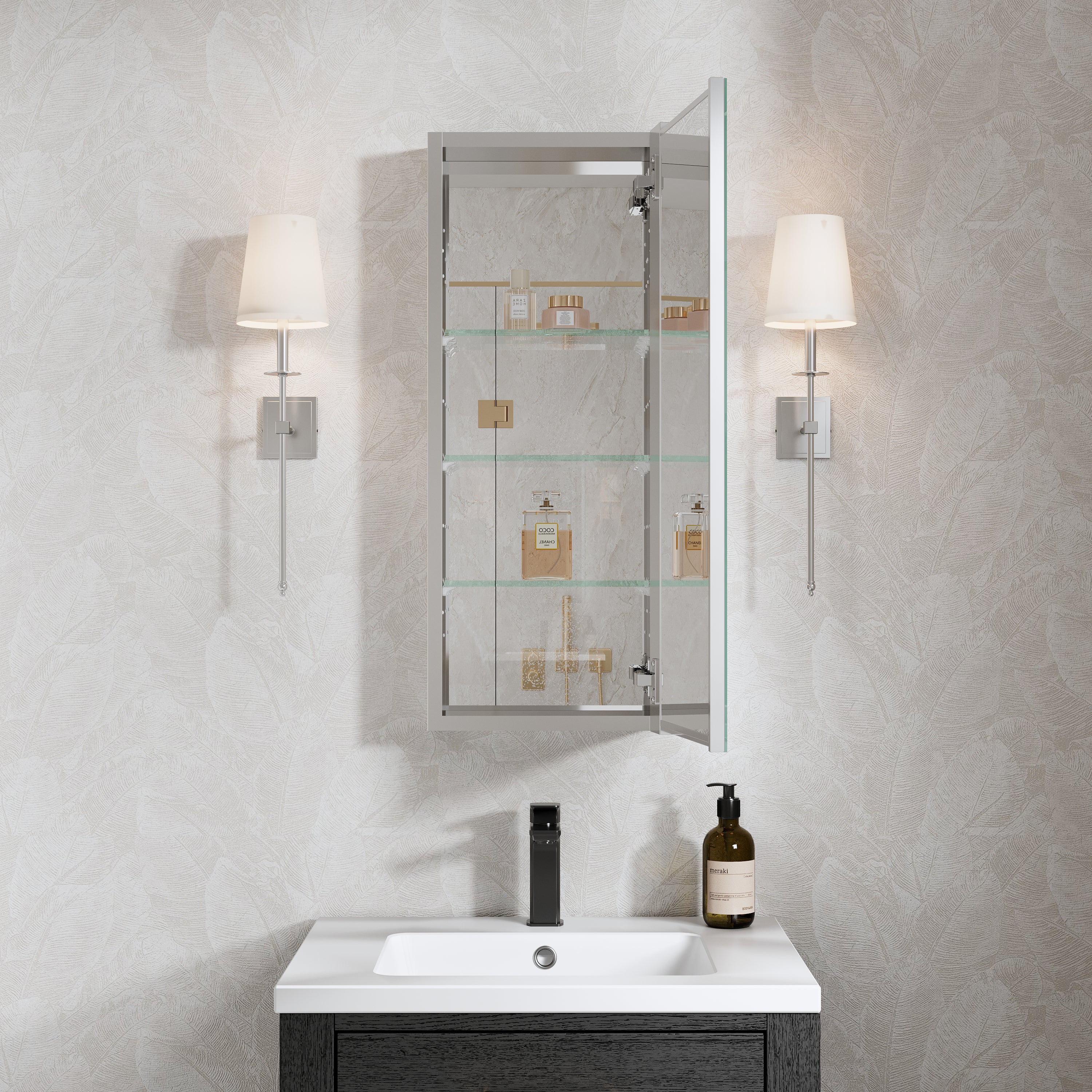 12 in. ×30 in. Copper-Free Tri-Views Mirror Medicine Cabinet with Adjustable Shelves and Right Swing Door