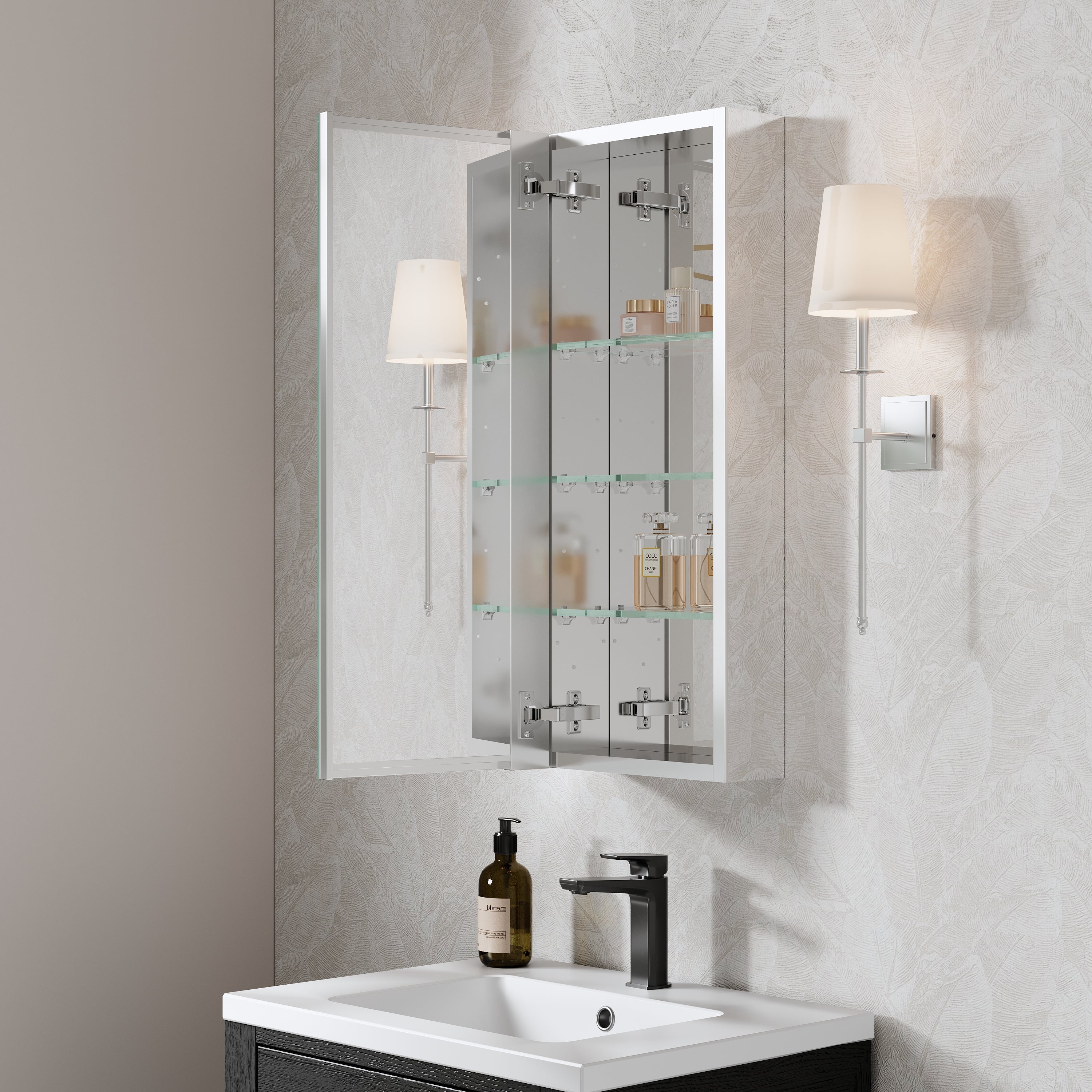 12 in. ×30 in. Copper-Free Tri-Views Mirror Medicine Cabinet with Adjustable Shelves and Left Swing Door