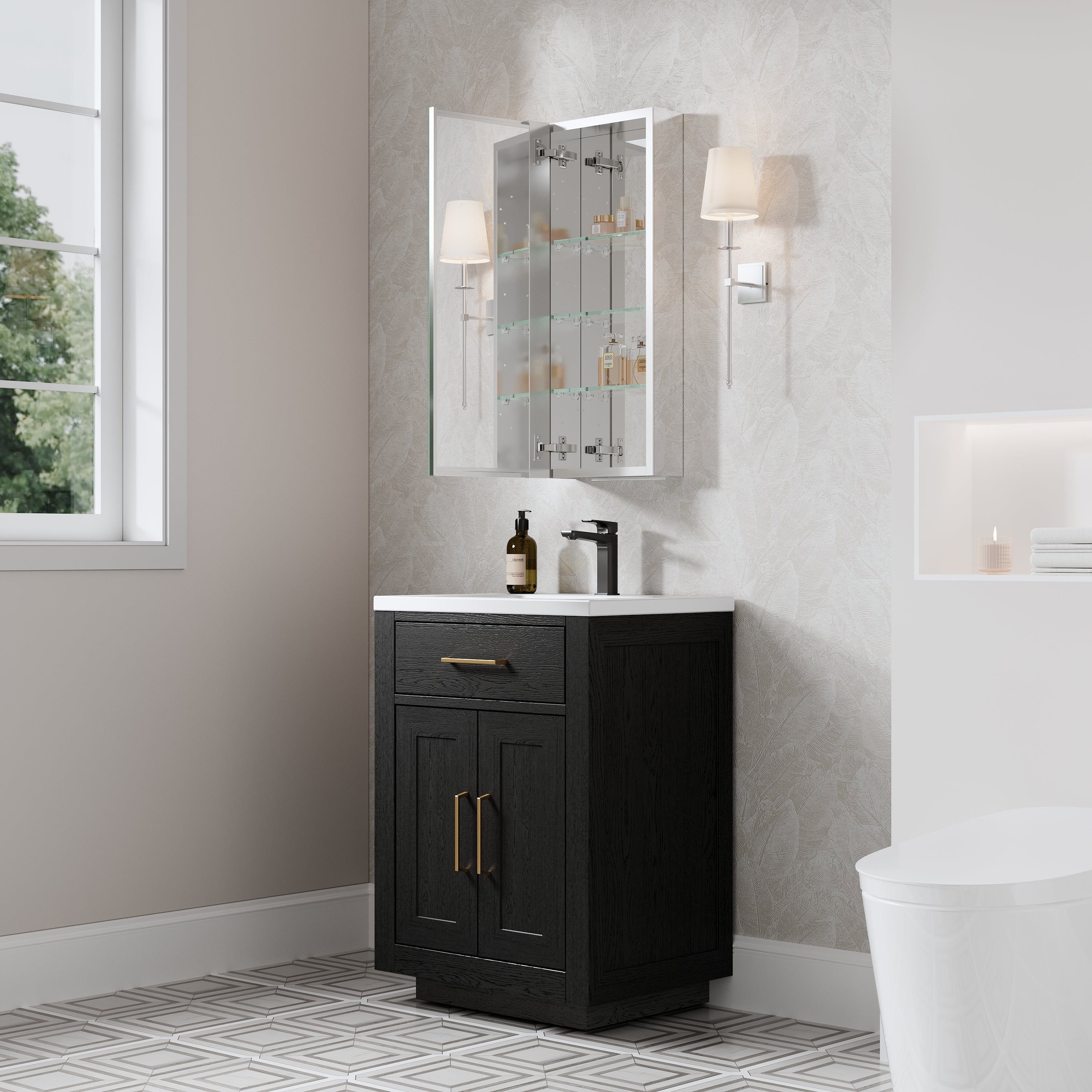 12 in. ×30 in. Copper-Free Tri-Views Mirror Medicine Cabinet with Adjustable Shelves and Left Swing Door