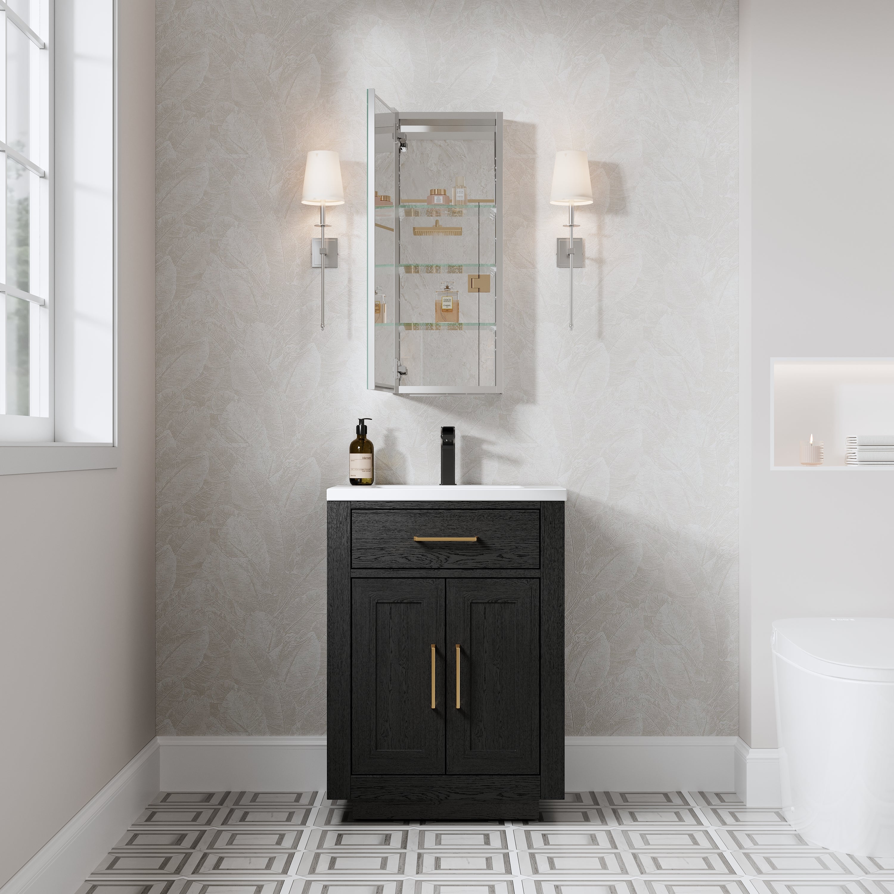 12 in. ×30 in. Copper-Free Tri-Views Mirror Medicine Cabinet with Adjustable Shelves and Left Swing Door