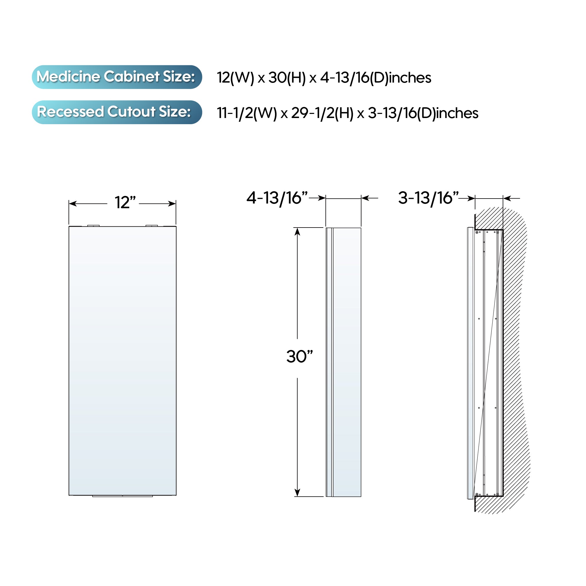 12 in. ×30 in. Copper-Free Tri-Views Mirror Medicine Cabinet with Adjustable Shelves and Left Swing Door