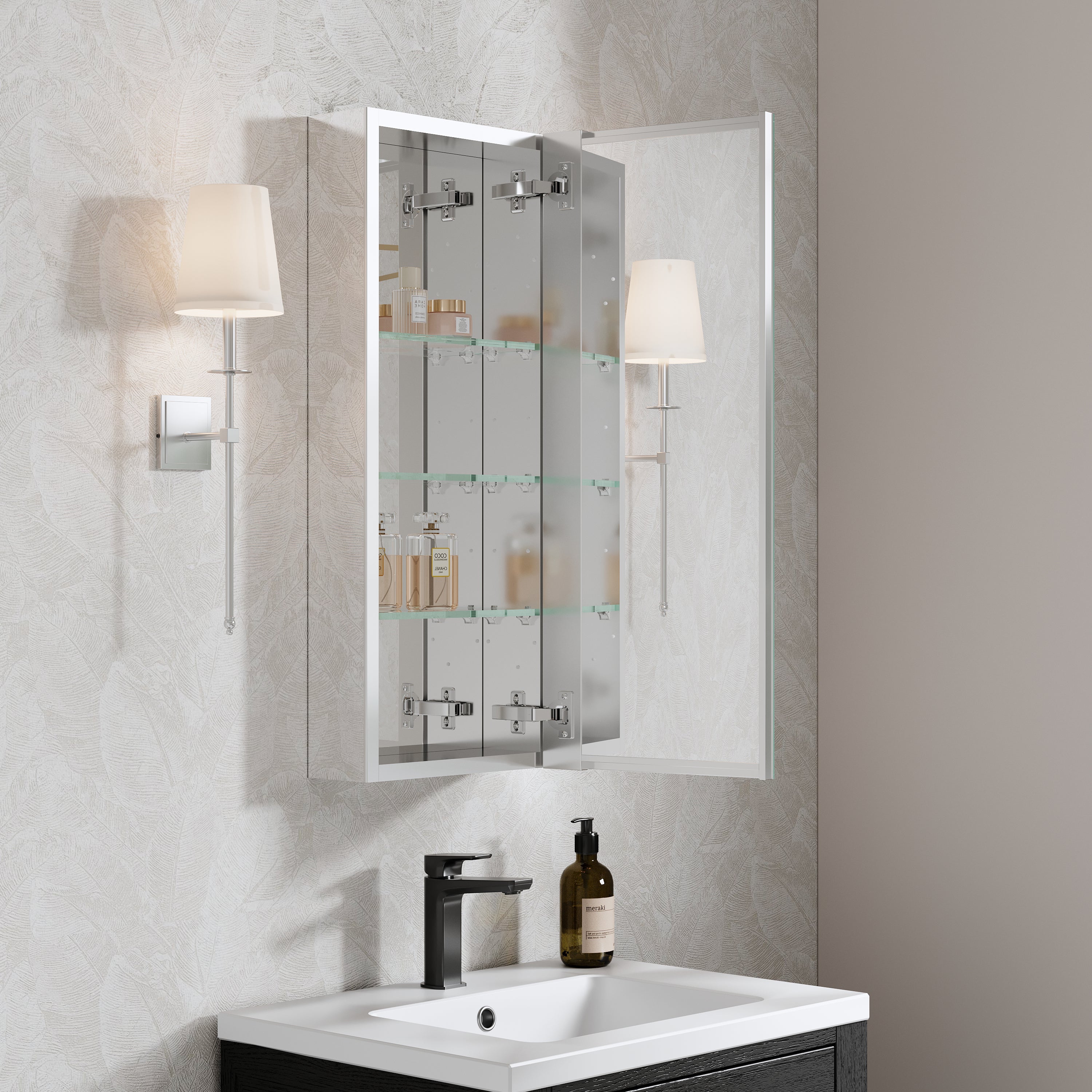 12 in. ×30 in. Copper-Free Tri-Views Mirror Medicine Cabinet with Adjustable Shelves and Right Swing Door