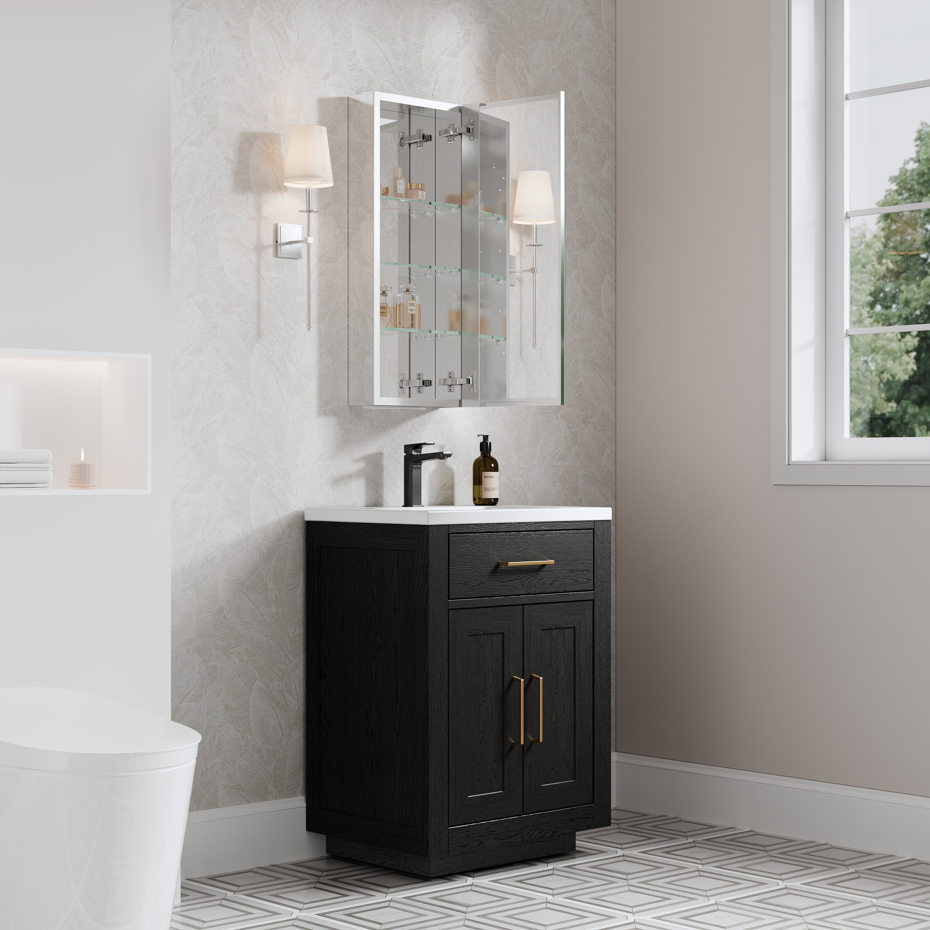 12 in. ×30 in. Copper-Free Tri-Views Mirror Medicine Cabinet with Adjustable Shelves and Right Swing Door