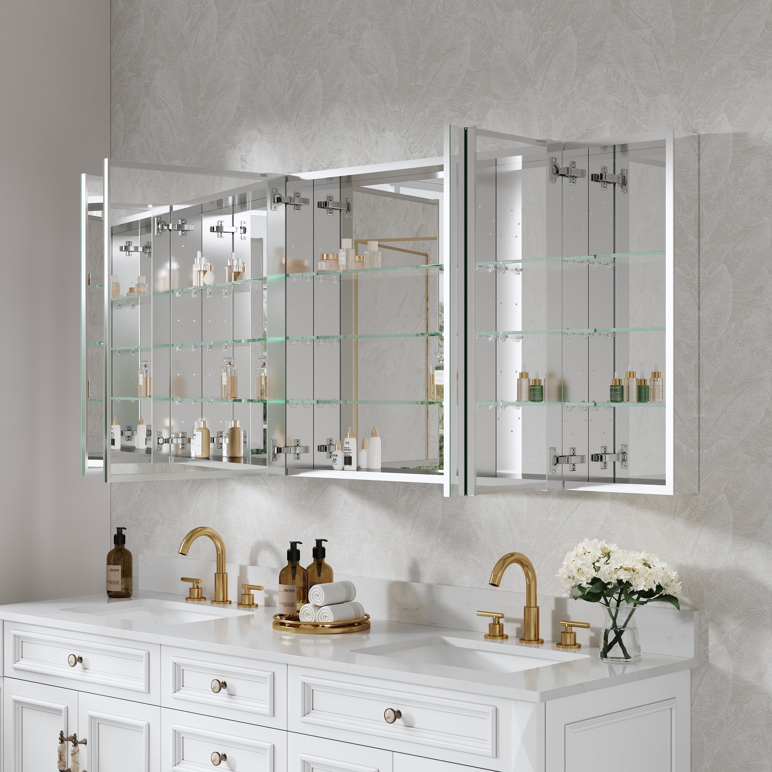 72 in. ×30 in. Copper-Free Tri-Views Mirror Medicine Cabinet with Adjustable Shelves and 5 Doors