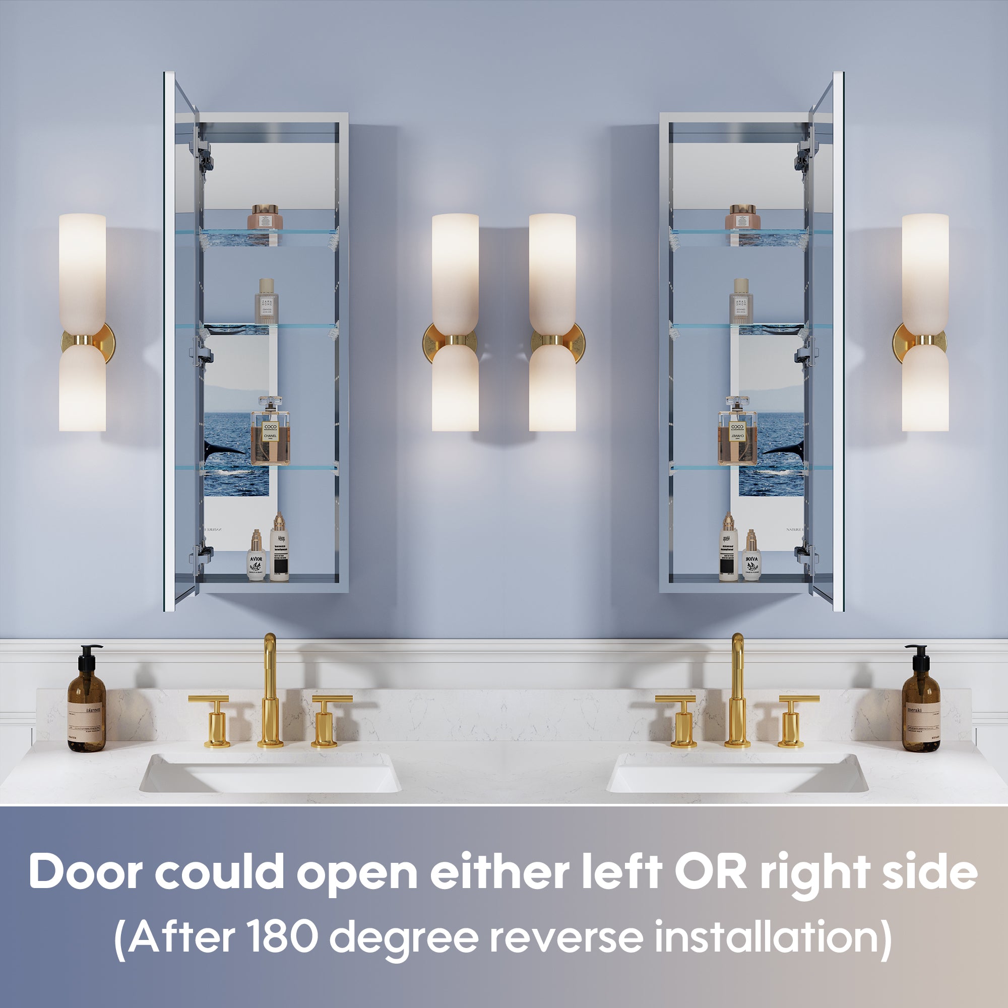 12 in. ×36 in. Copper-Free Tri-Views Mirror Medicine Cabinet, Recessed/Surface Mount and Left/Right Swing Door