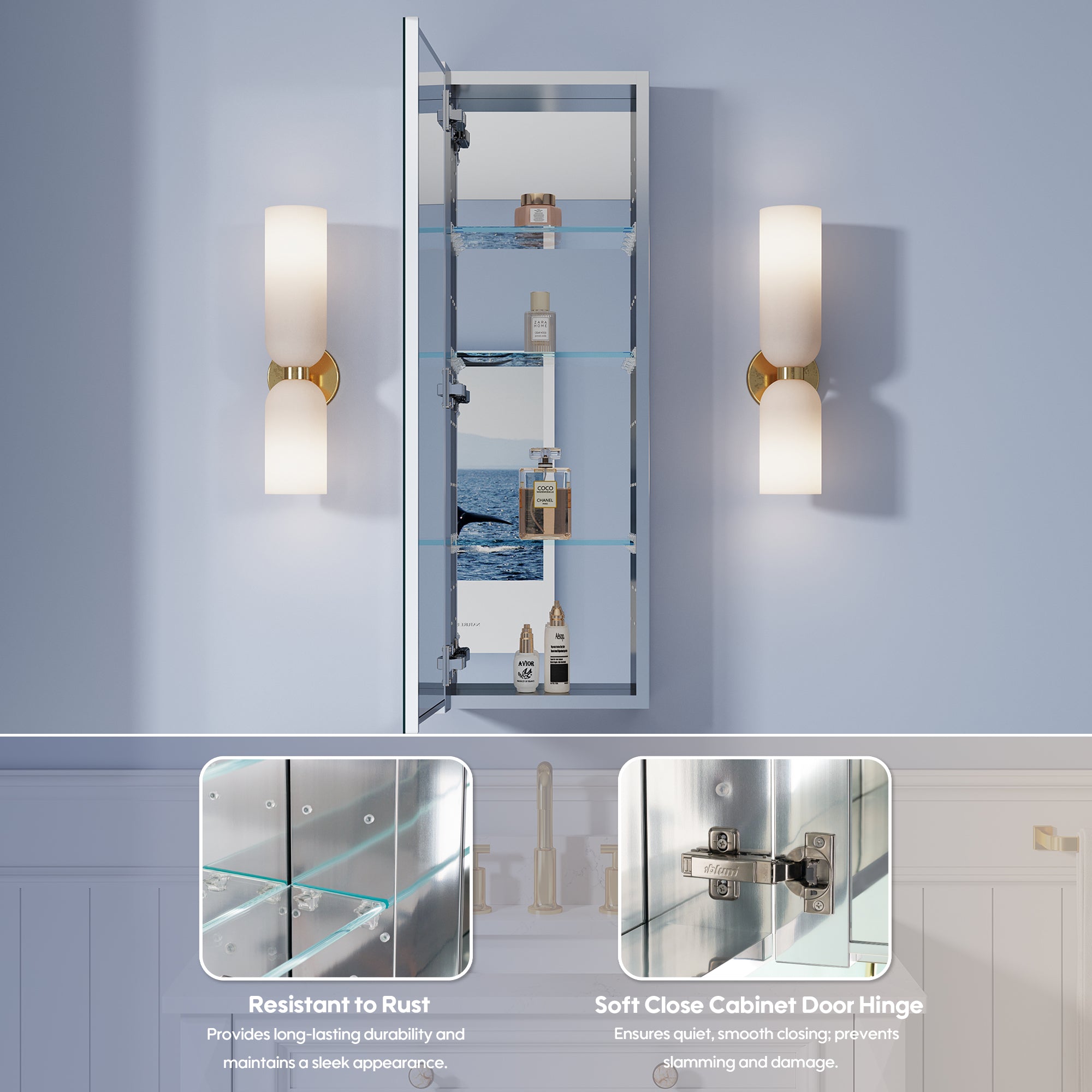 12 in. ×36 in. Copper-Free Tri-Views Mirror Medicine Cabinet, Recessed/Surface Mount and Left/Right Swing Door