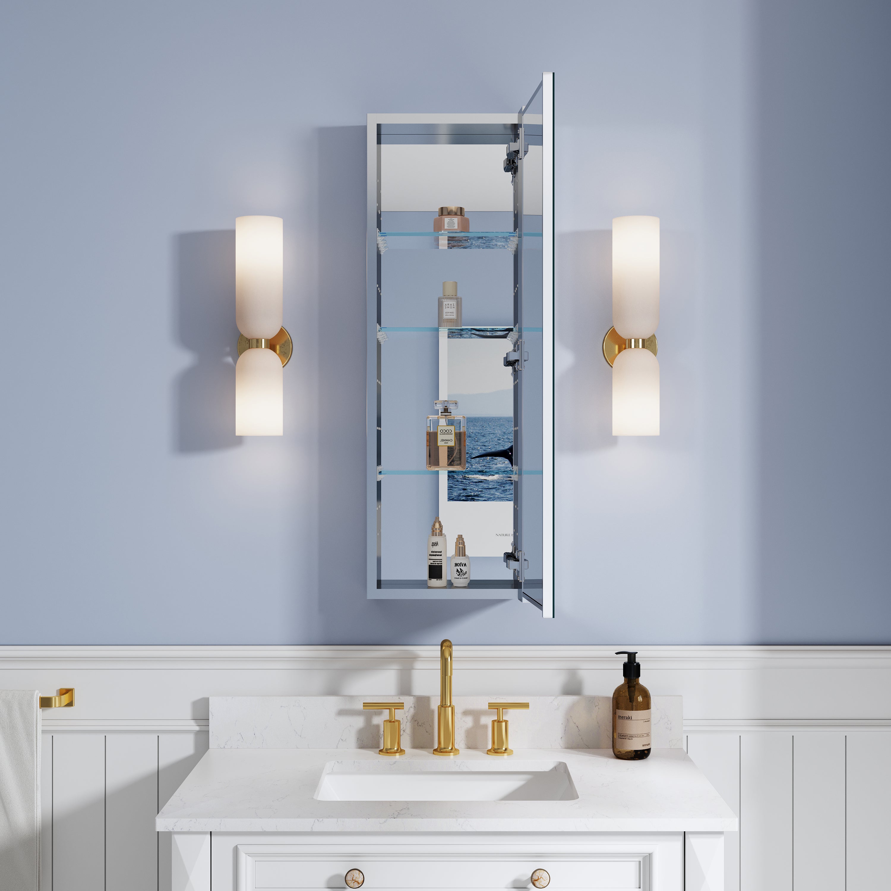 12 in. ×36 in. Copper-Free Tri-Views Mirror Medicine Cabinet, Recessed/Surface Mount and Right Swing Door