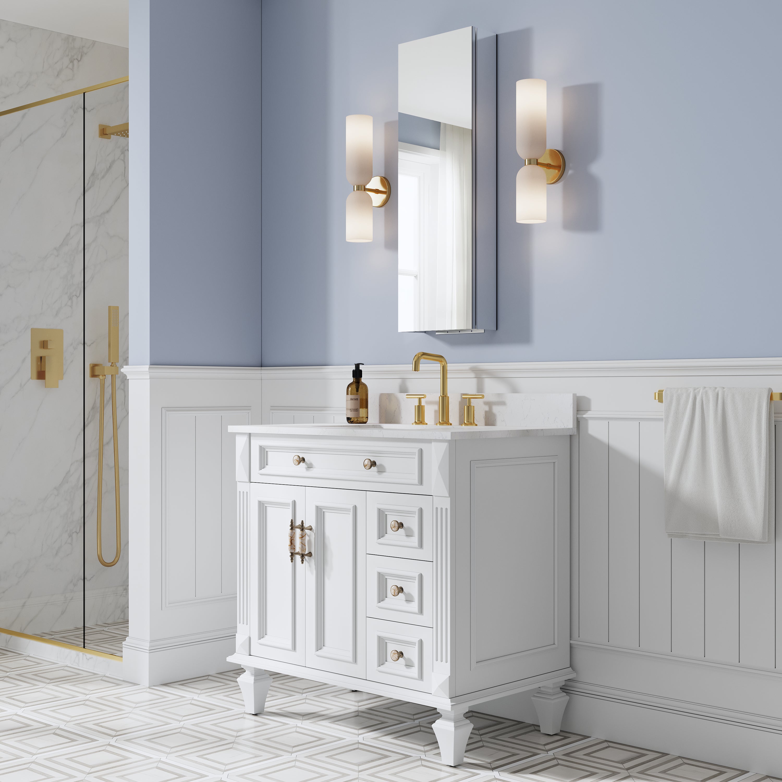 12 in. ×36 in. Copper-Free Tri-Views Mirror Medicine Cabinet, Recessed/Surface Mount and Left/Right Swing Door