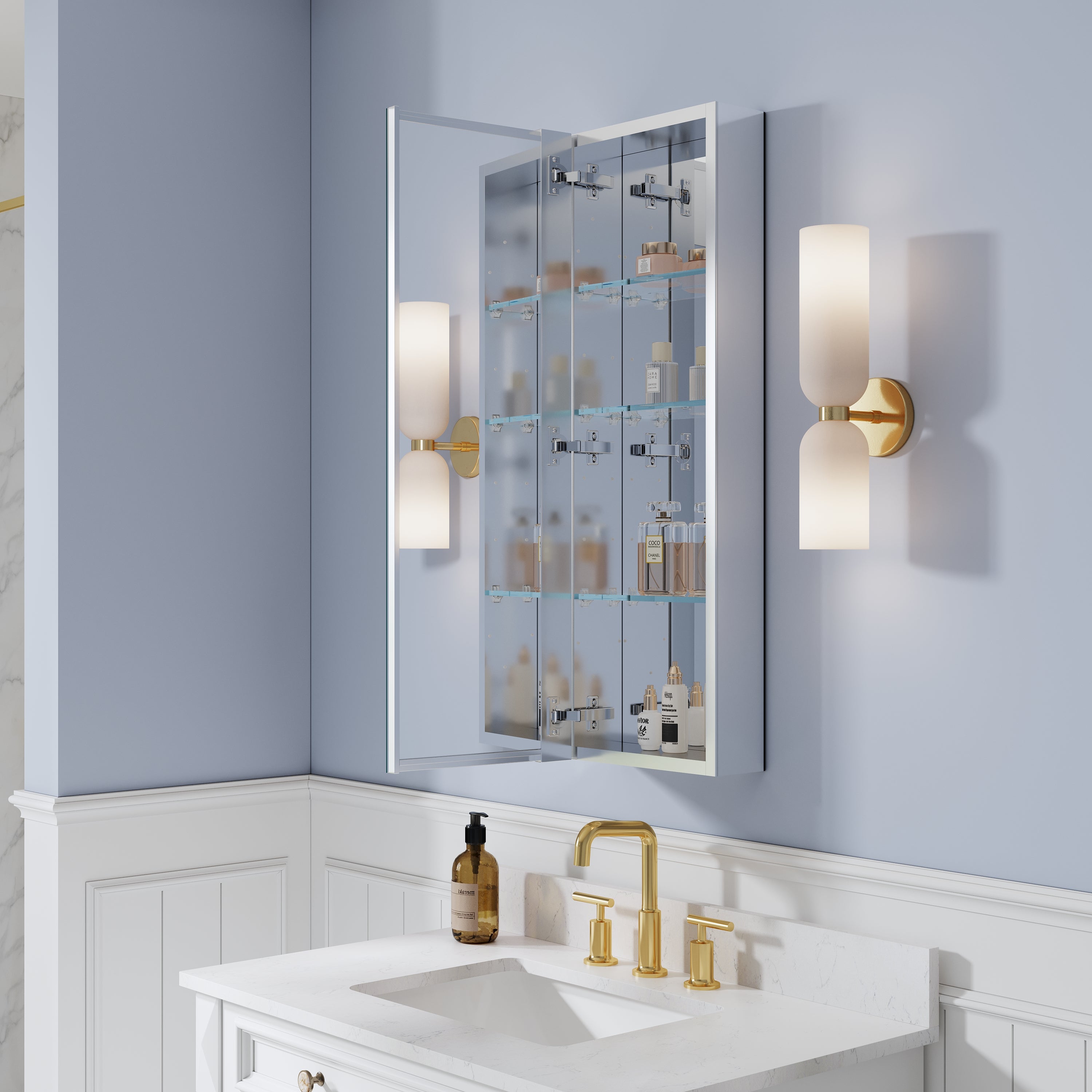 12 in. ×36 in. Copper-Free Tri-Views Mirror Medicine Cabinet, Recessed/Surface Mount and Left/Right Swing Door