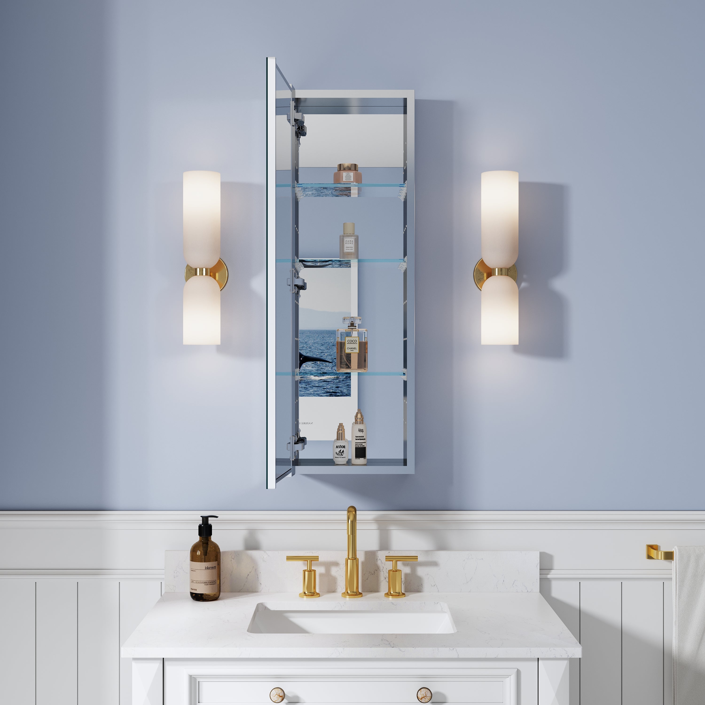 12 in. ×36 in. Copper-Free Tri-Views Mirror Medicine Cabinet, Recessed/Surface Mount and Left/Right Swing Door