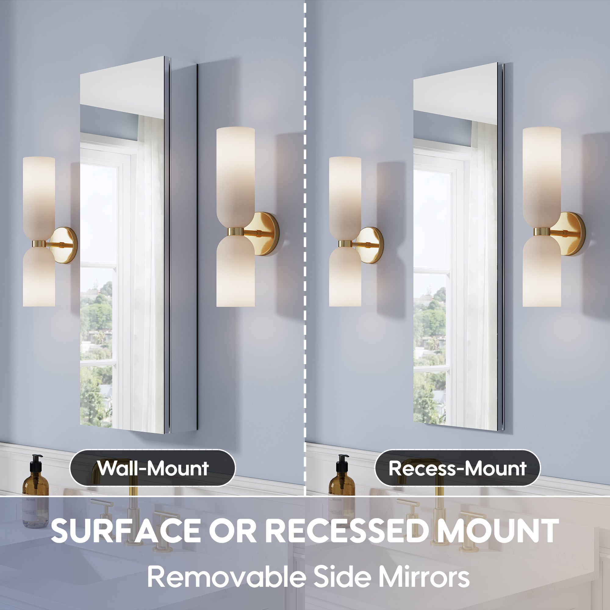 12 in. ×36 in. Copper-Free Tri-Views Mirror Medicine Cabinet, Recessed/Surface Mount and Left/Right Swing Door