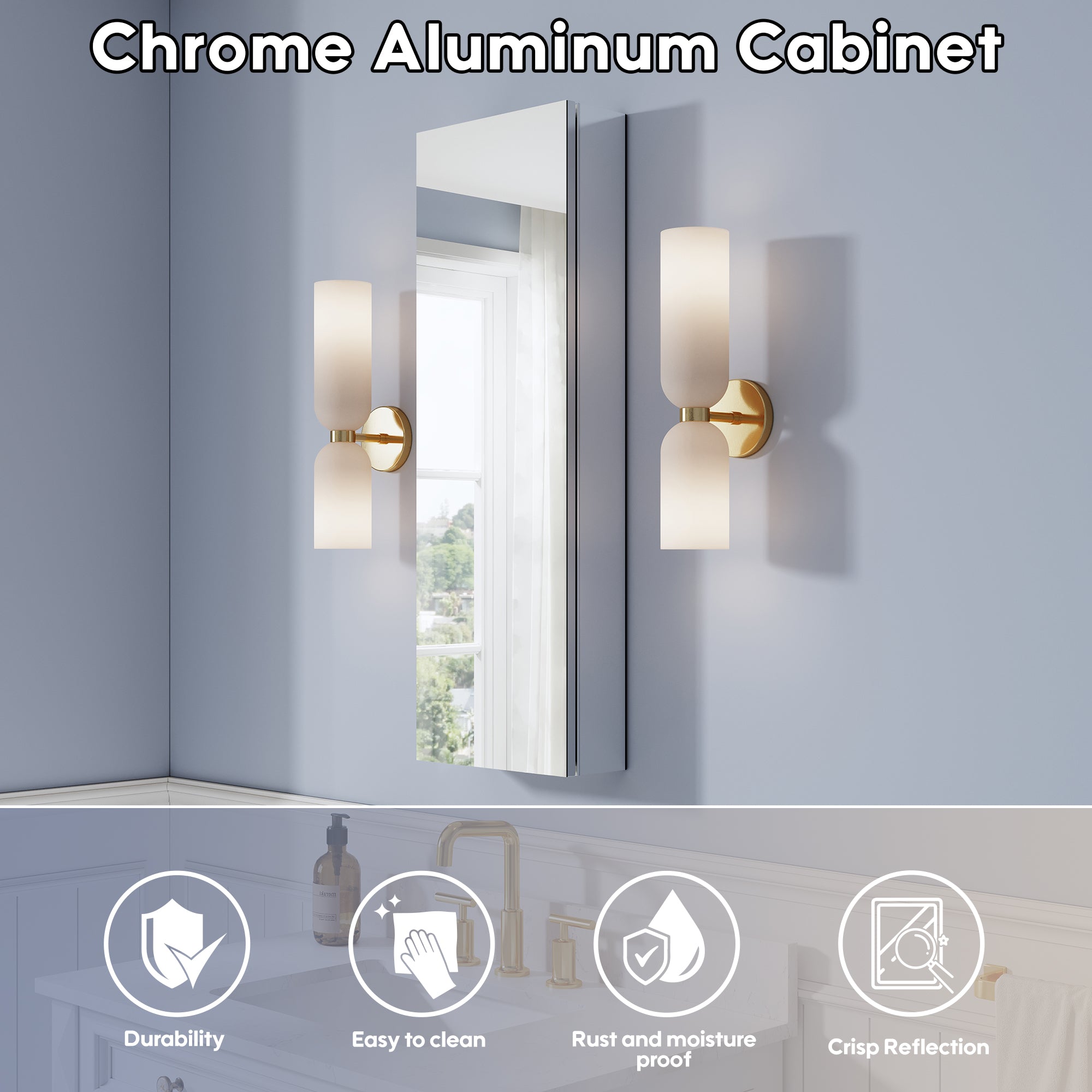 12 in. ×36 in. Copper-Free Tri-Views Mirror Medicine Cabinet, Recessed/Surface Mount and Left/Right Swing Door
