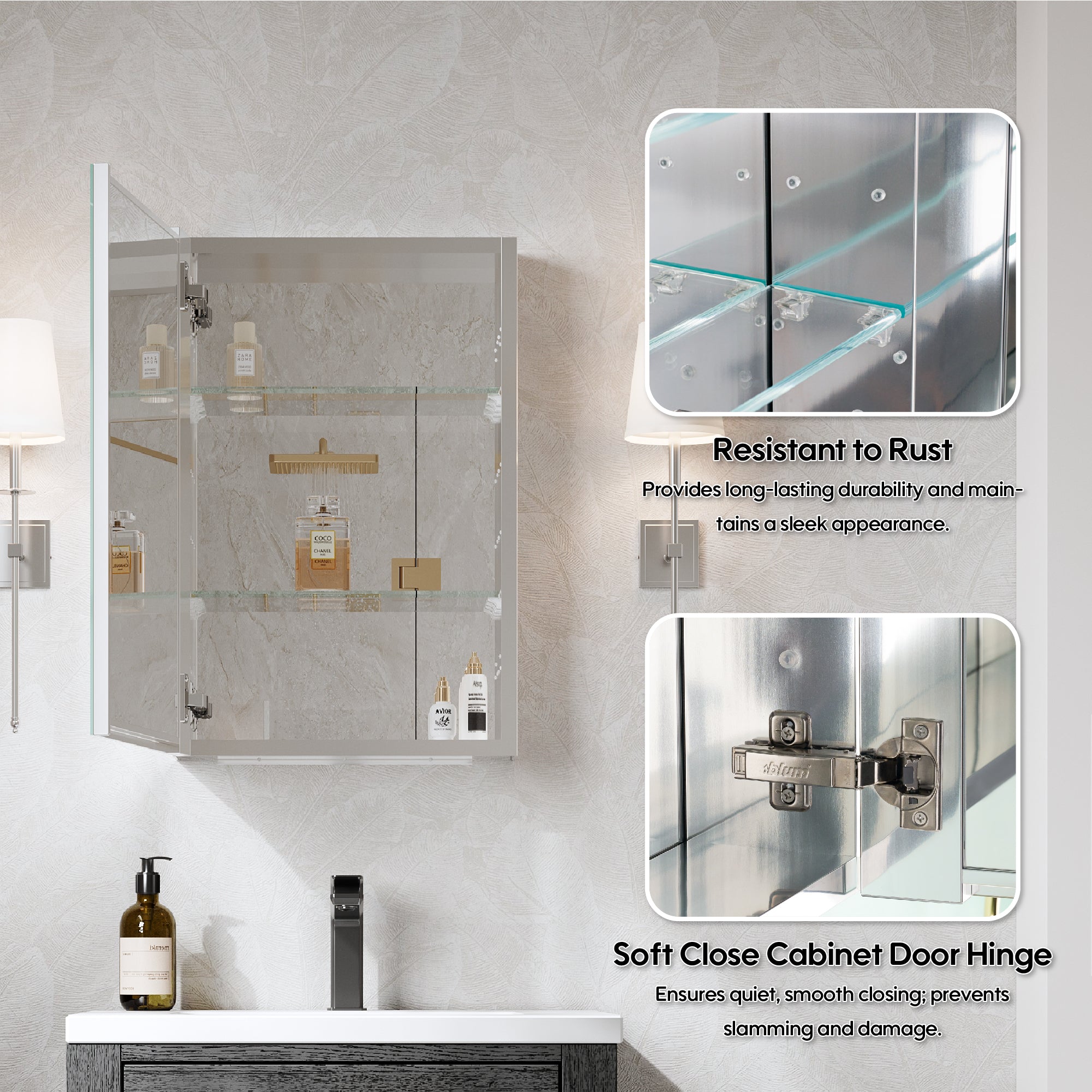 16 in.×24 in. Copper-Free Tri-Views Mirror Cabinet with Adjustable Shelves and Left Swing Door