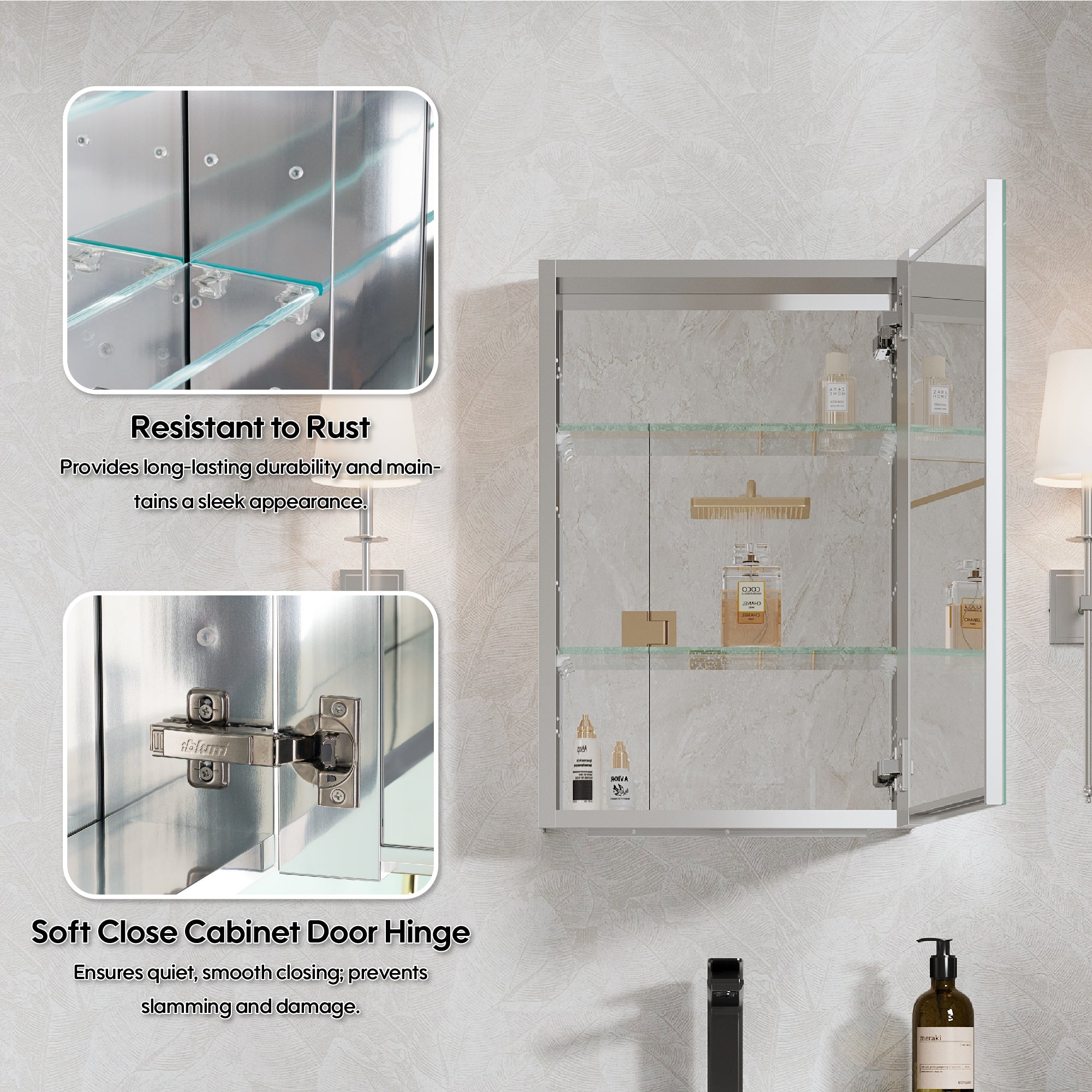 16 in.×24 in. inch Copper-Free Tri-Views Mirror Cabinet with Adjustable Shelves and Right Swing Door