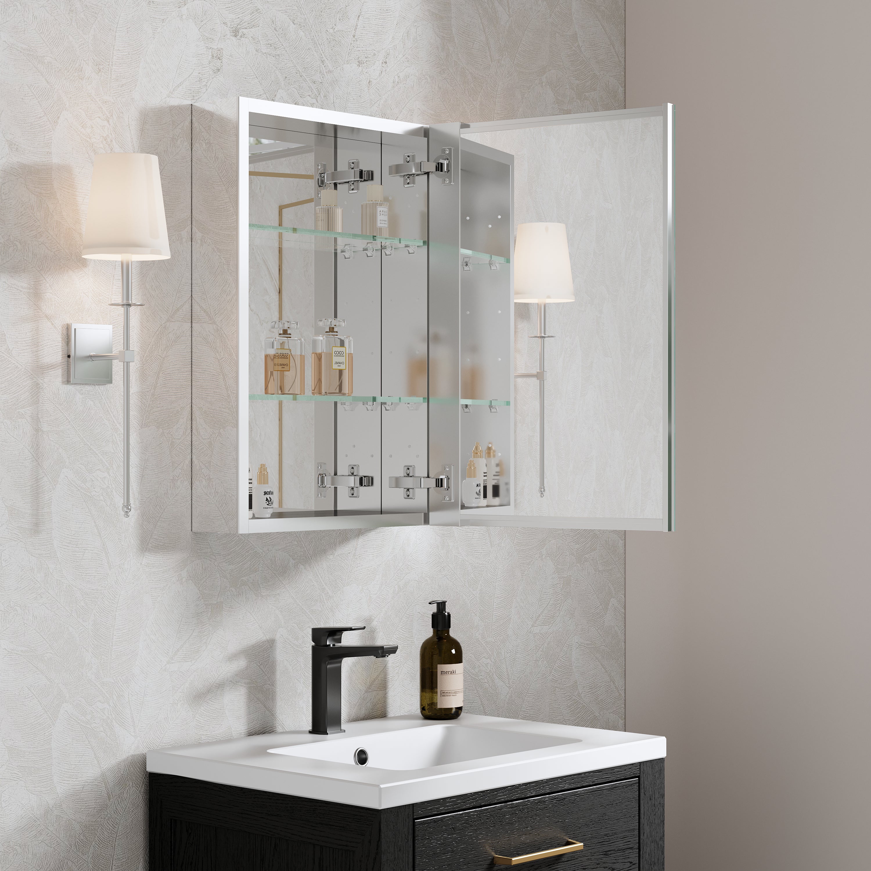 16 in.×24 in. inch Copper-Free Tri-Views Mirror Cabinet with Adjustable Shelves and Right Swing Door