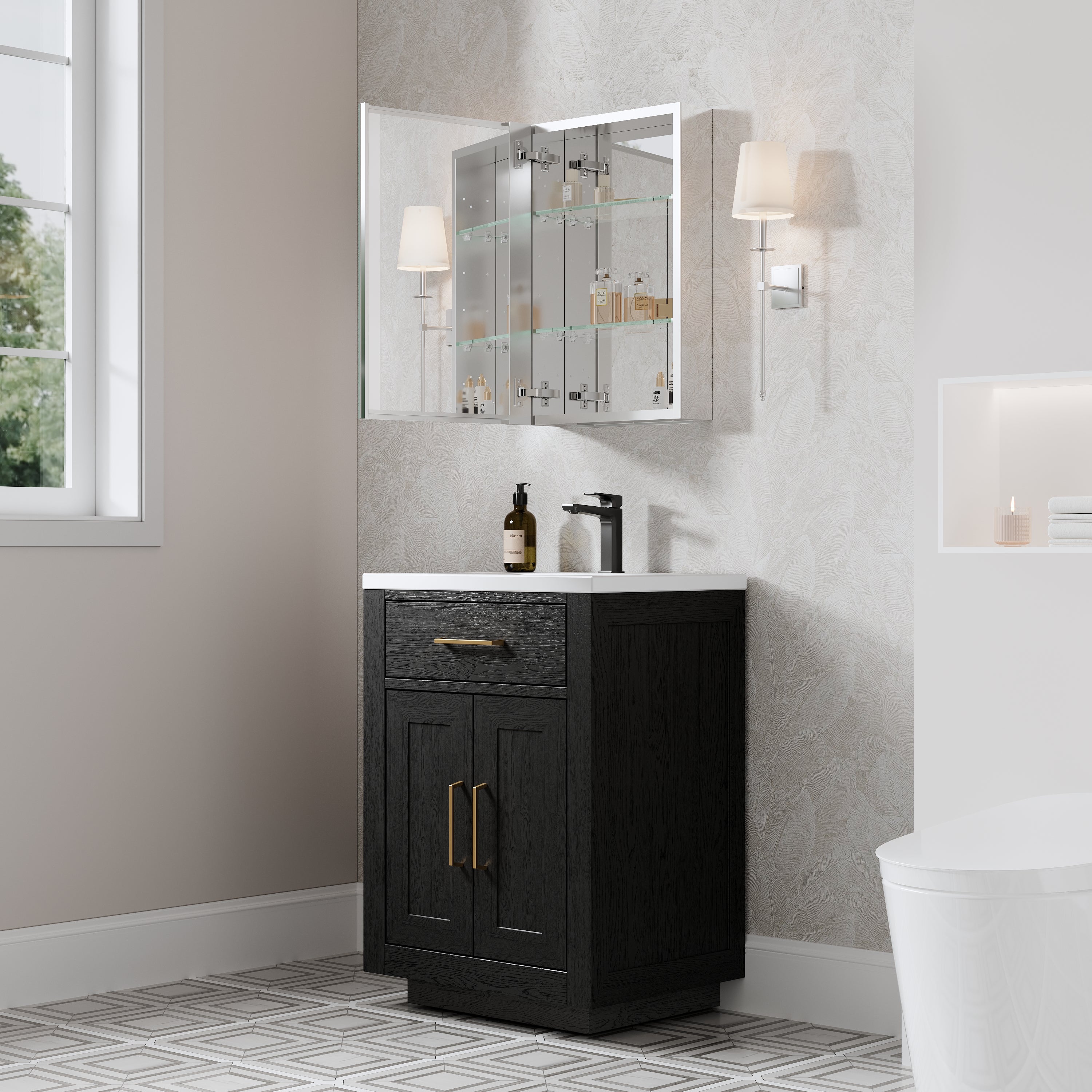 16 in.×24 in. Copper-Free Tri-Views Mirror Cabinet with Adjustable Shelves and Left Swing Door
