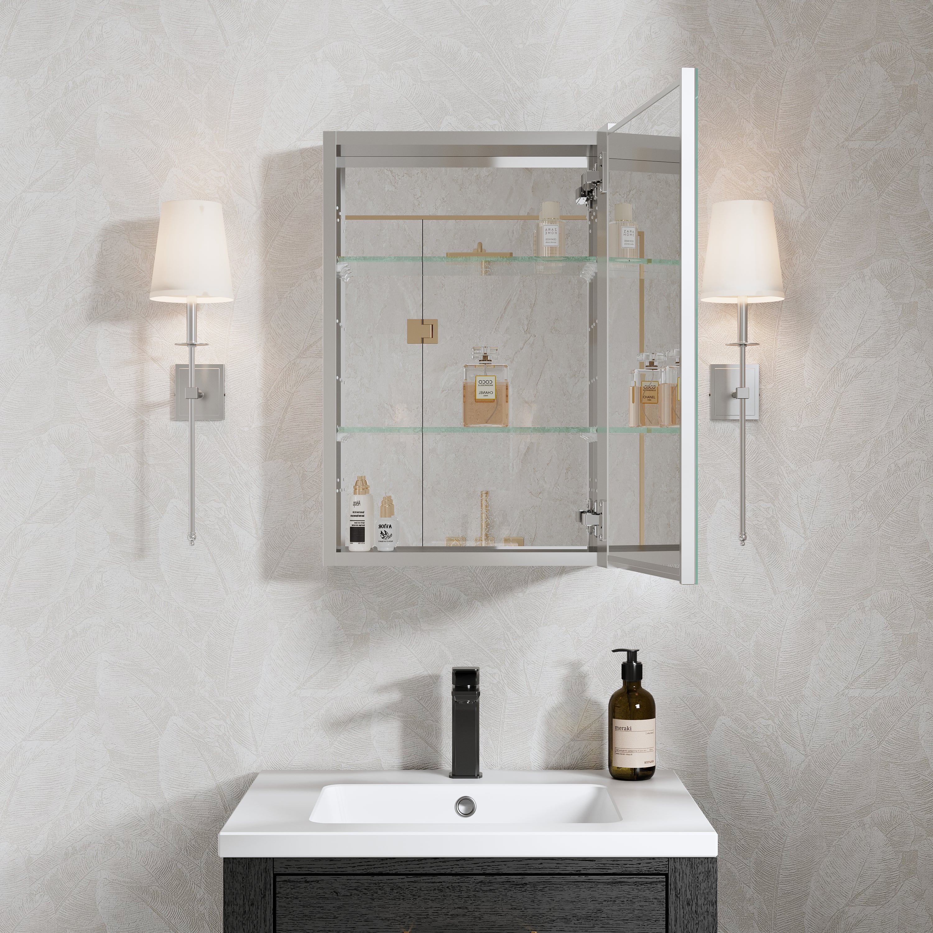 16 in.×24 in. inch Copper-Free Tri-Views Mirror Cabinet with Adjustable Shelves and Right Swing Door