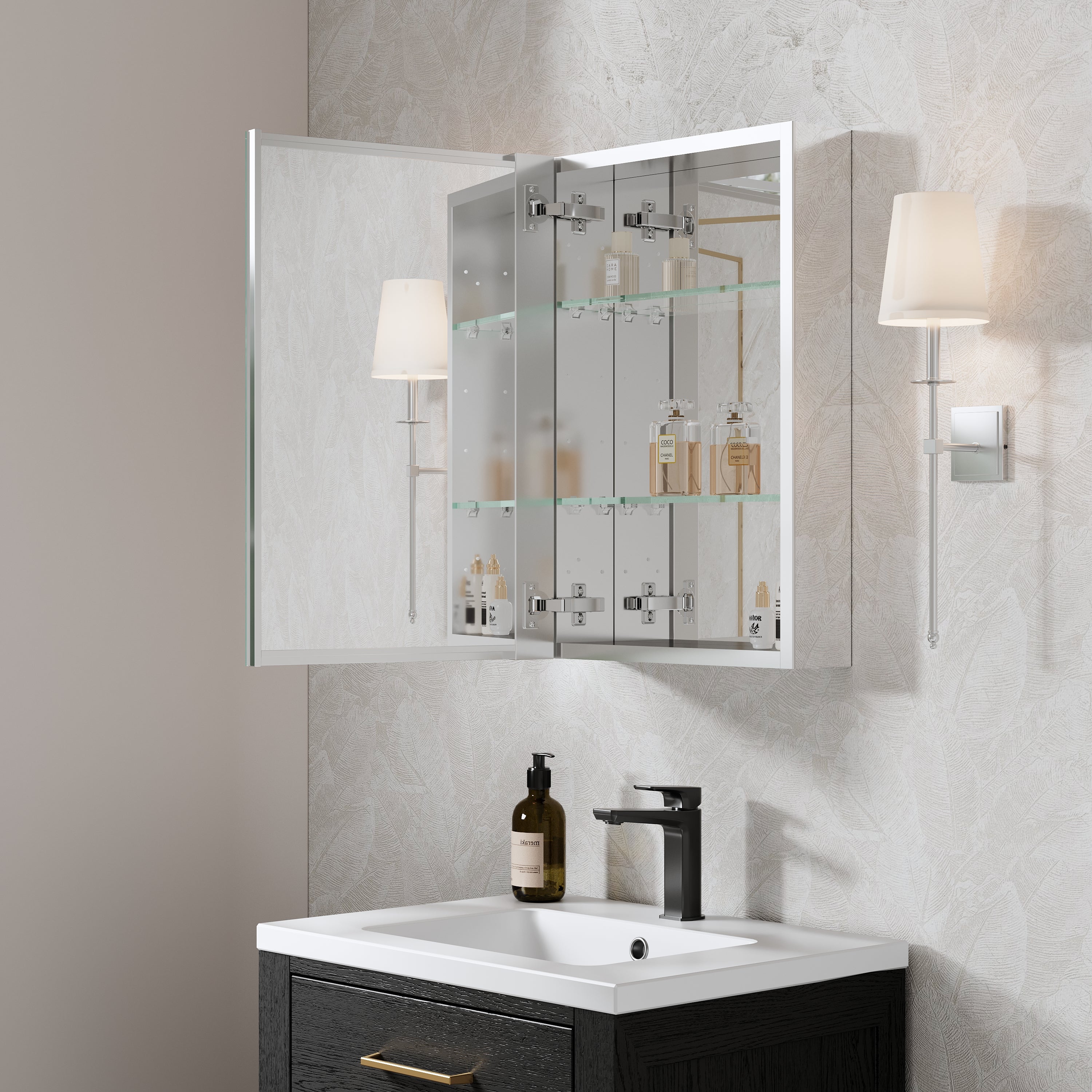 16 in.×24 in. Copper-Free Tri-Views Mirror Cabinet with Adjustable Shelves and Left Swing Door