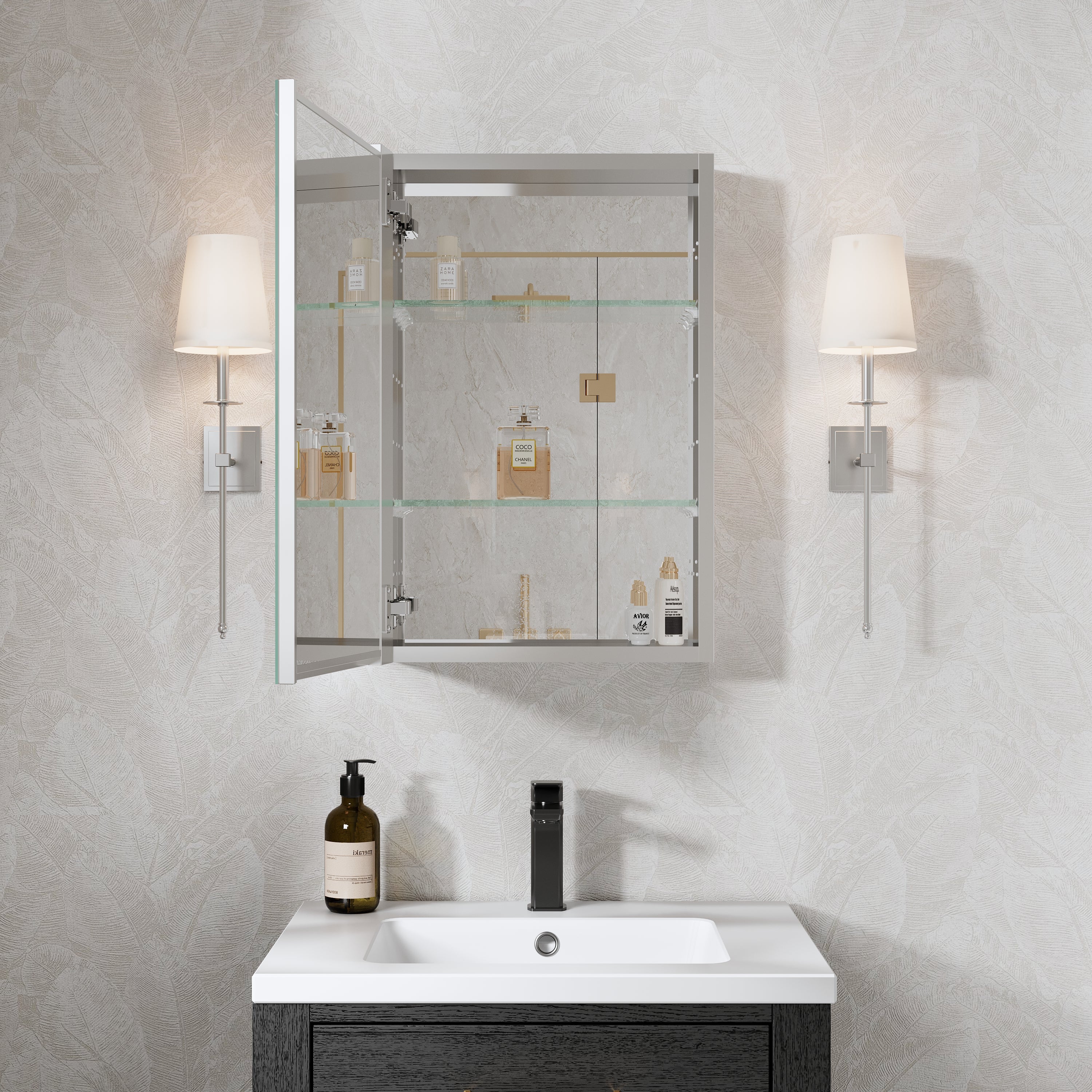 16 in.×24 in. Copper-Free Tri-Views Mirror Cabinet with Adjustable Shelves and Left Swing Door