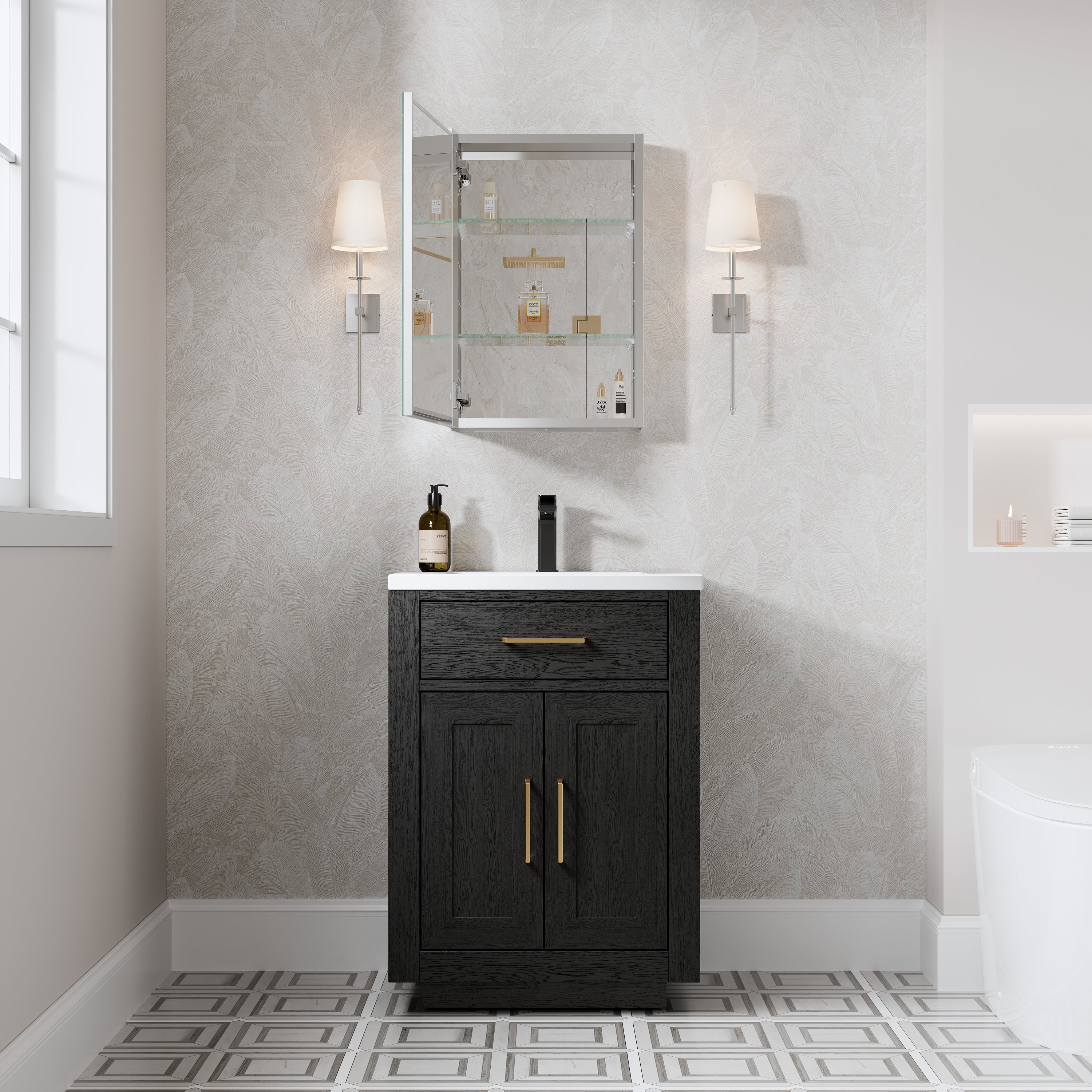 16 in.×24 in. Copper-Free Tri-Views Mirror Cabinet with Adjustable Shelves and Left Swing Door