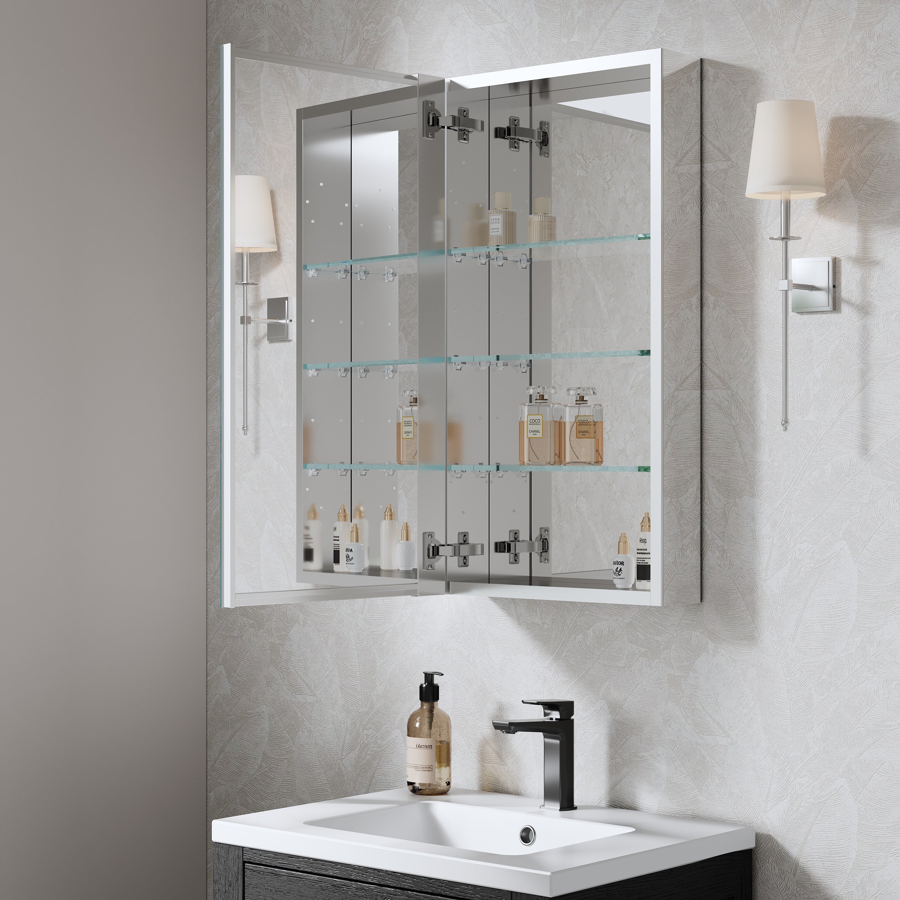 16 in. ×30 in. Copper-Free Tri-Views Mirror Medicine Cabinet with Adjustable Shelves and Left Swing Door