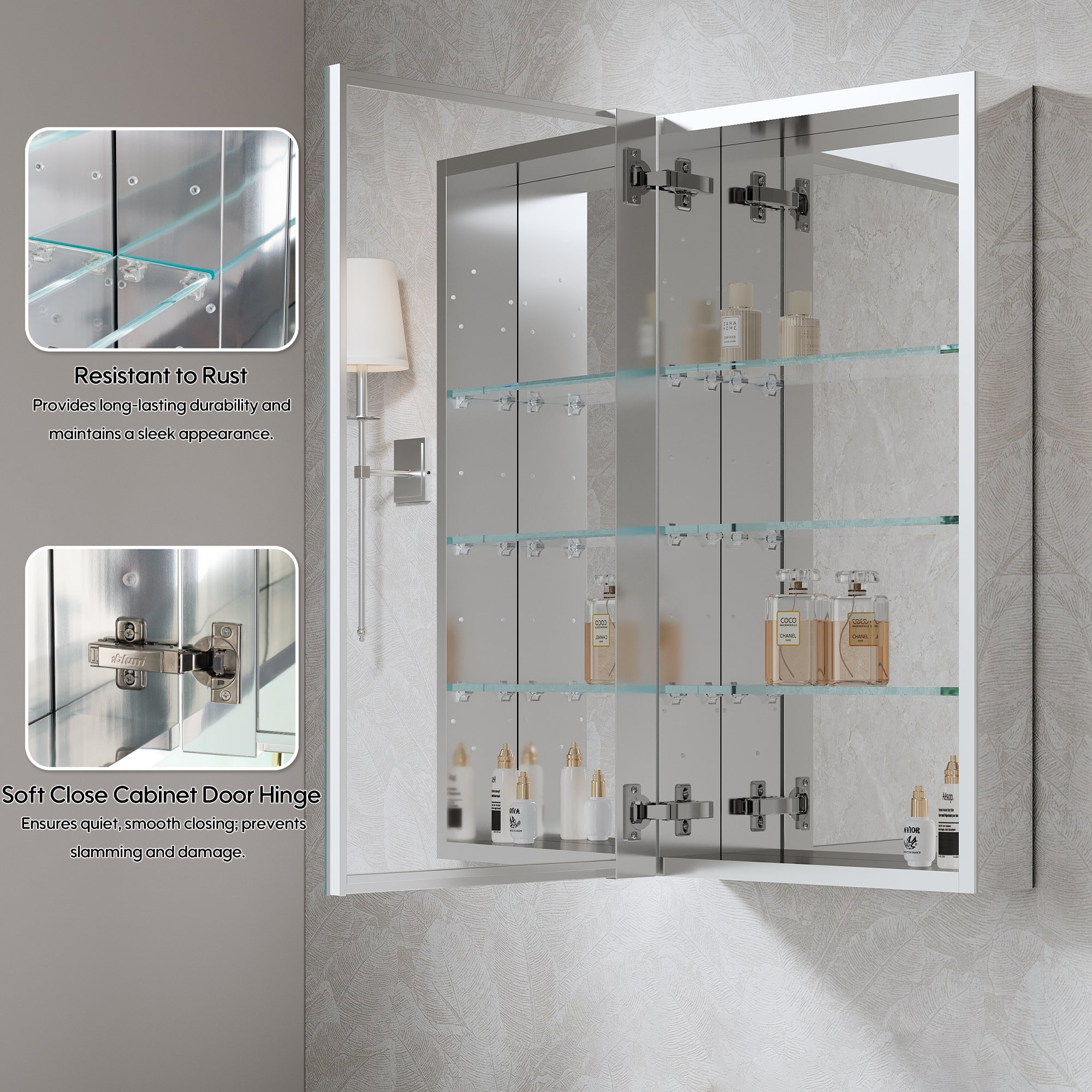 16 in. ×30 in. Copper-Free Tri-Views Mirror Medicine Cabinet with Adjustable Shelves and Left Swing Door