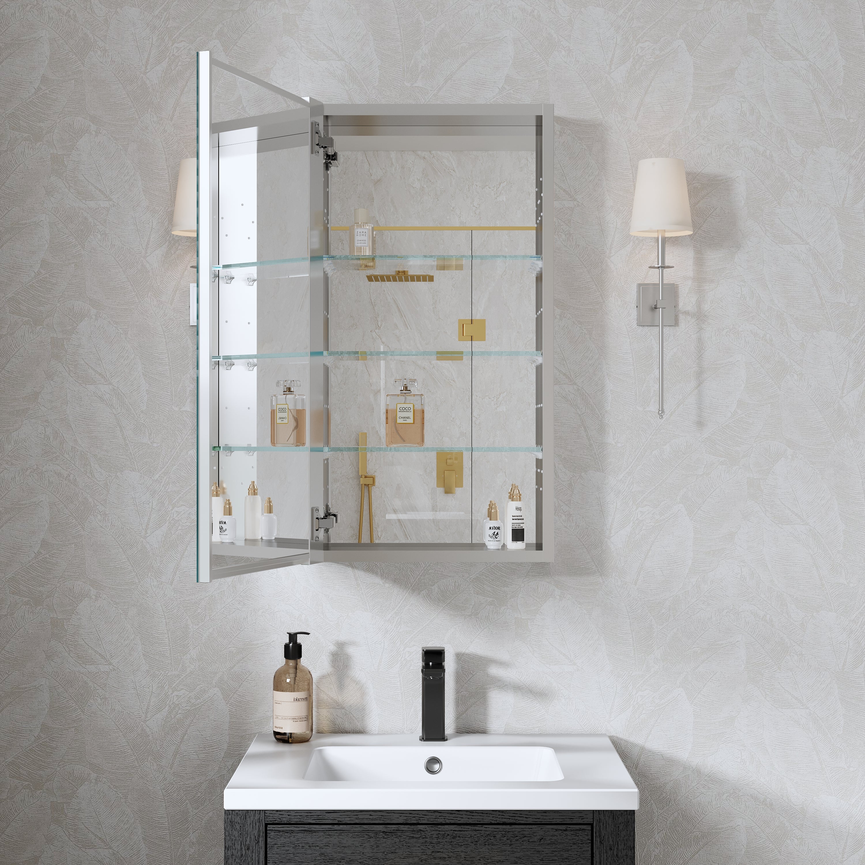 16 in. ×30 in. Copper-Free Tri-Views Mirror Medicine Cabinet with Adjustable Shelves and Left Swing Door