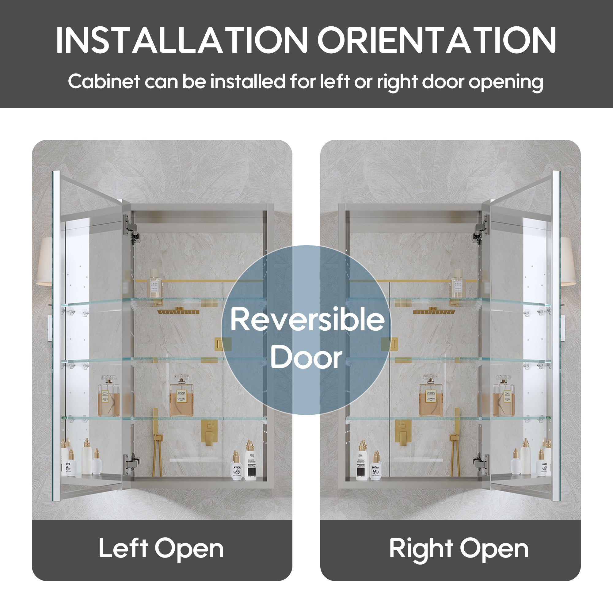 16 in. ×30 in. Copper-Free Tri-Views Mirror Medicine Cabinet with Adjustable Shelves and Left Swing Door