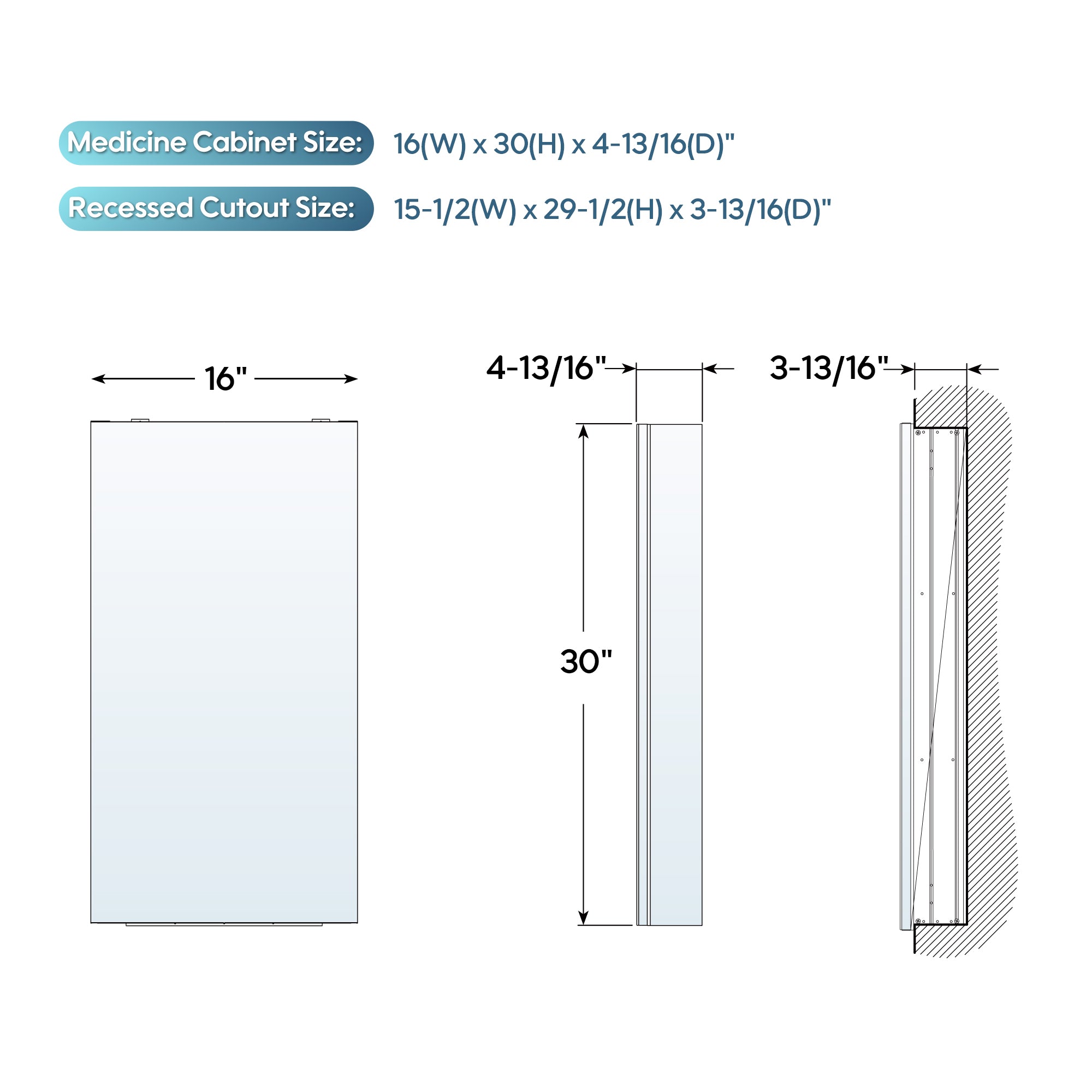 16 in. ×30 in. Copper-Free Tri-Views Mirror Medicine Cabinet with Adjustable Shelves and Left Swing Door