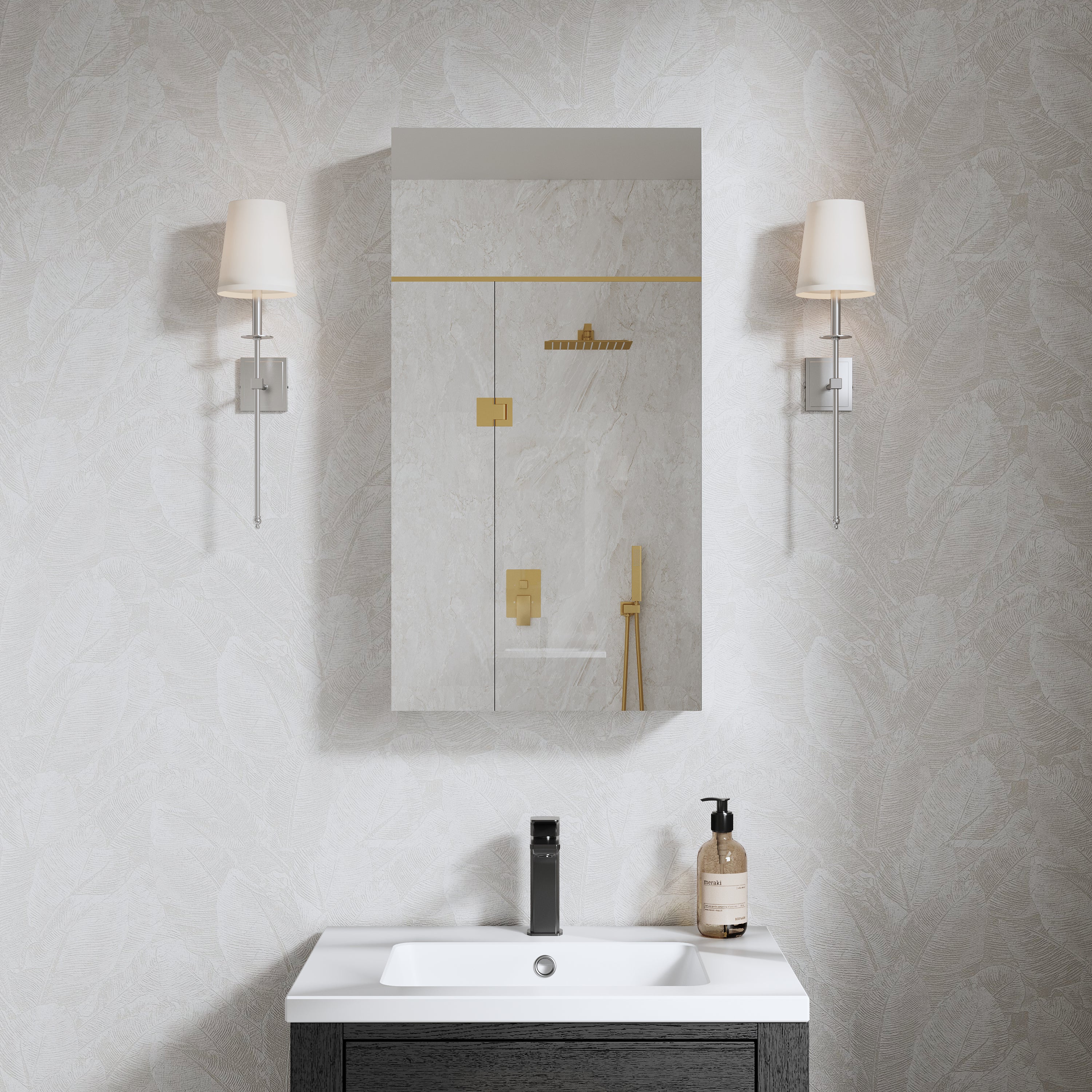 16 in. ×30 in. Copper-Free Tri-Views Mirror Medicine Cabinet with Adjustable Shelves and Right Swing Door