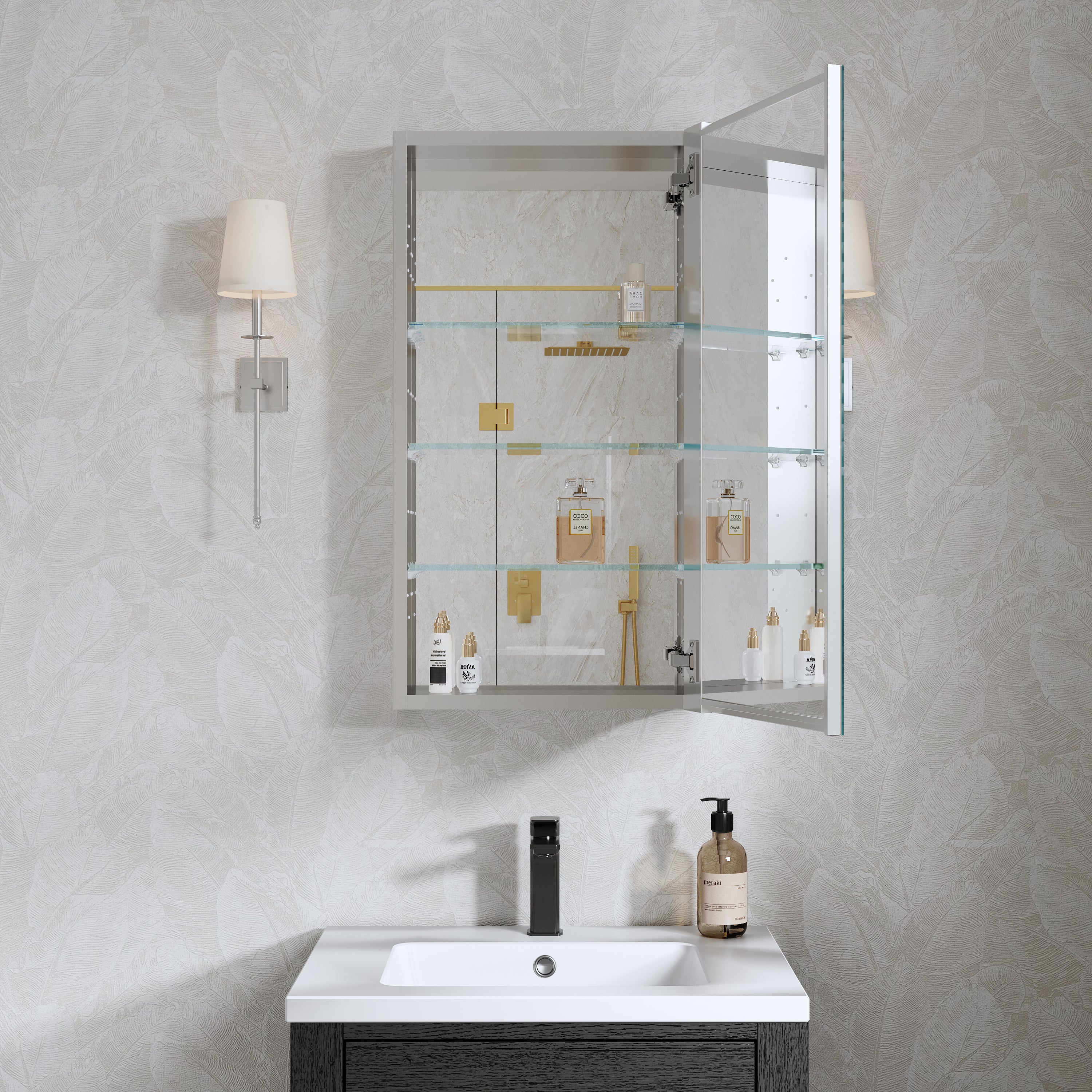 16 in. ×30 in. Copper-Free Tri-Views Mirror Medicine Cabinet with Adjustable Shelves and Right Swing Door