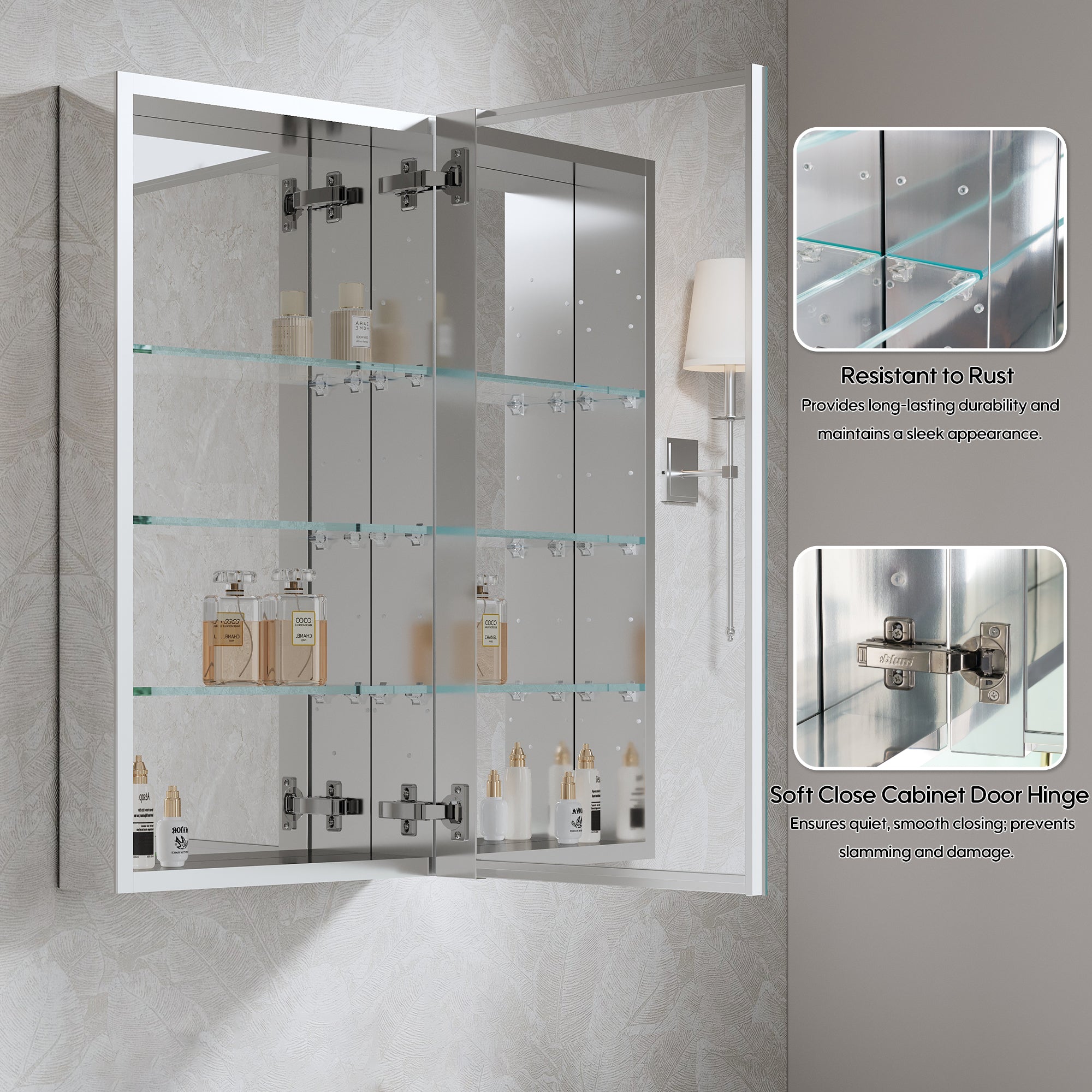 16 in. ×30 in. Copper-Free Tri-Views Mirror Medicine Cabinet with Adjustable Shelves and Right Swing Door