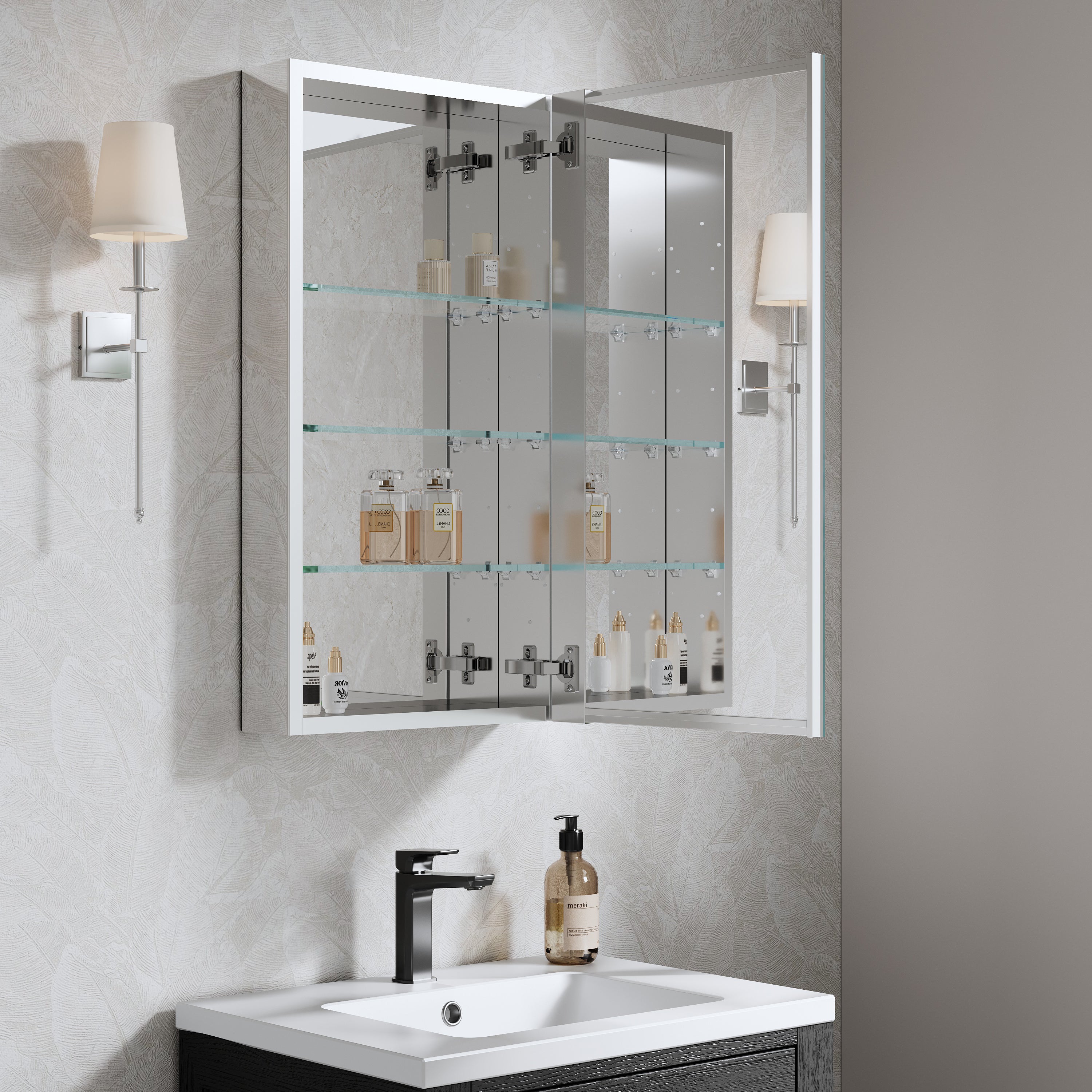 16 in. ×30 in. Copper-Free Tri-Views Mirror Medicine Cabinet with Adjustable Shelves and Right Swing Door