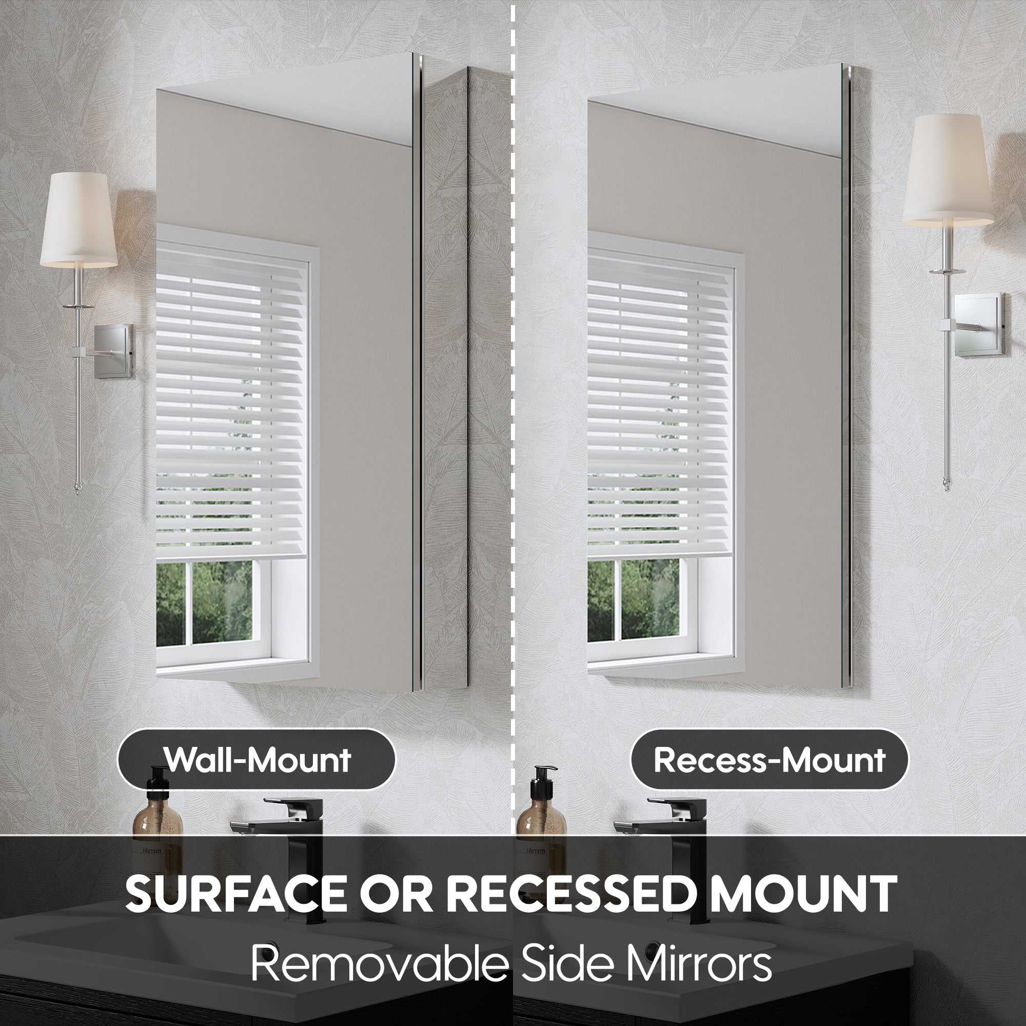 16 in. ×30 in. Copper-Free Tri-Views Mirror Medicine Cabinet with Adjustable Shelves and Left Swing Door