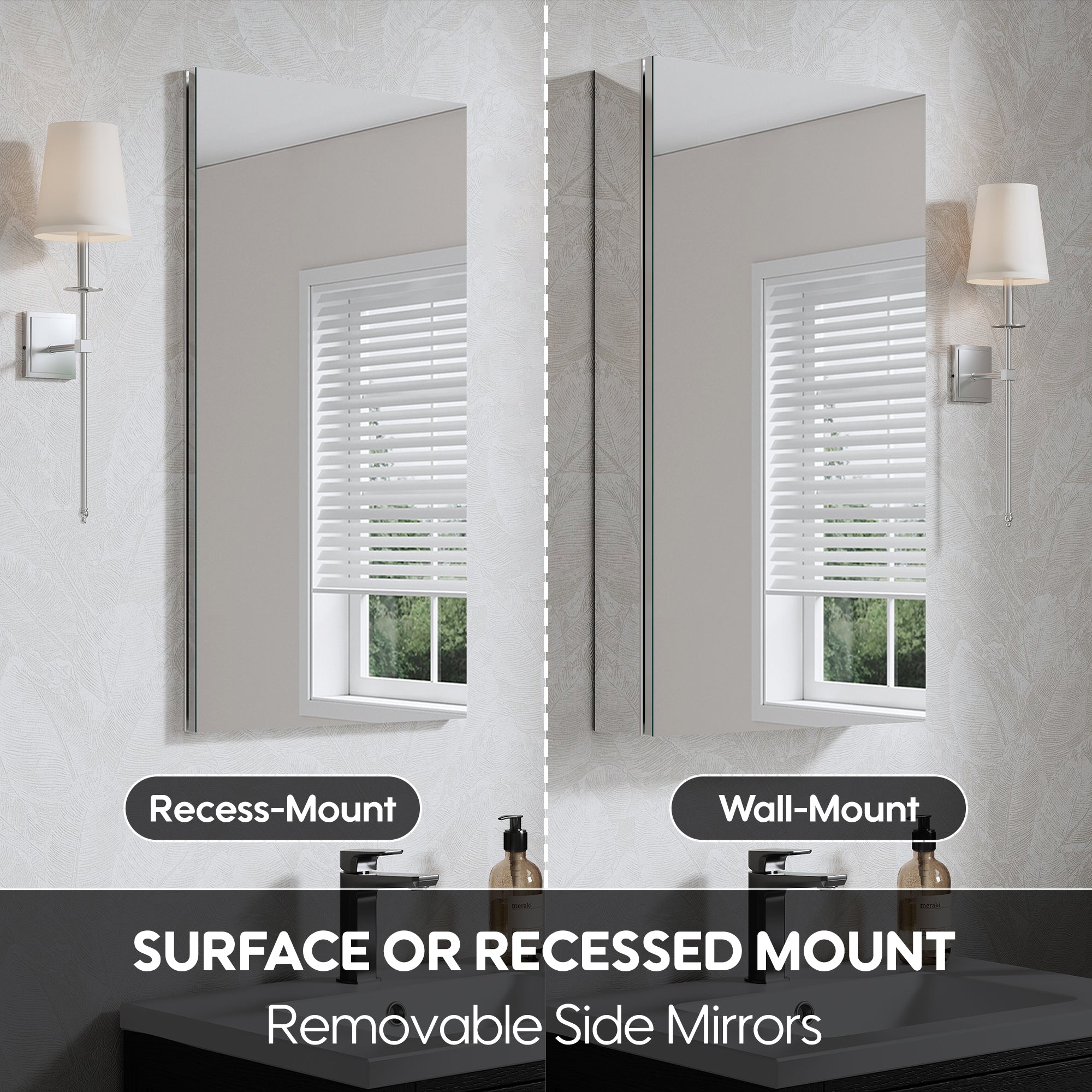 16 in. ×30 in. Copper-Free Tri-Views Mirror Medicine Cabinet with Adjustable Shelves and Right Swing Door