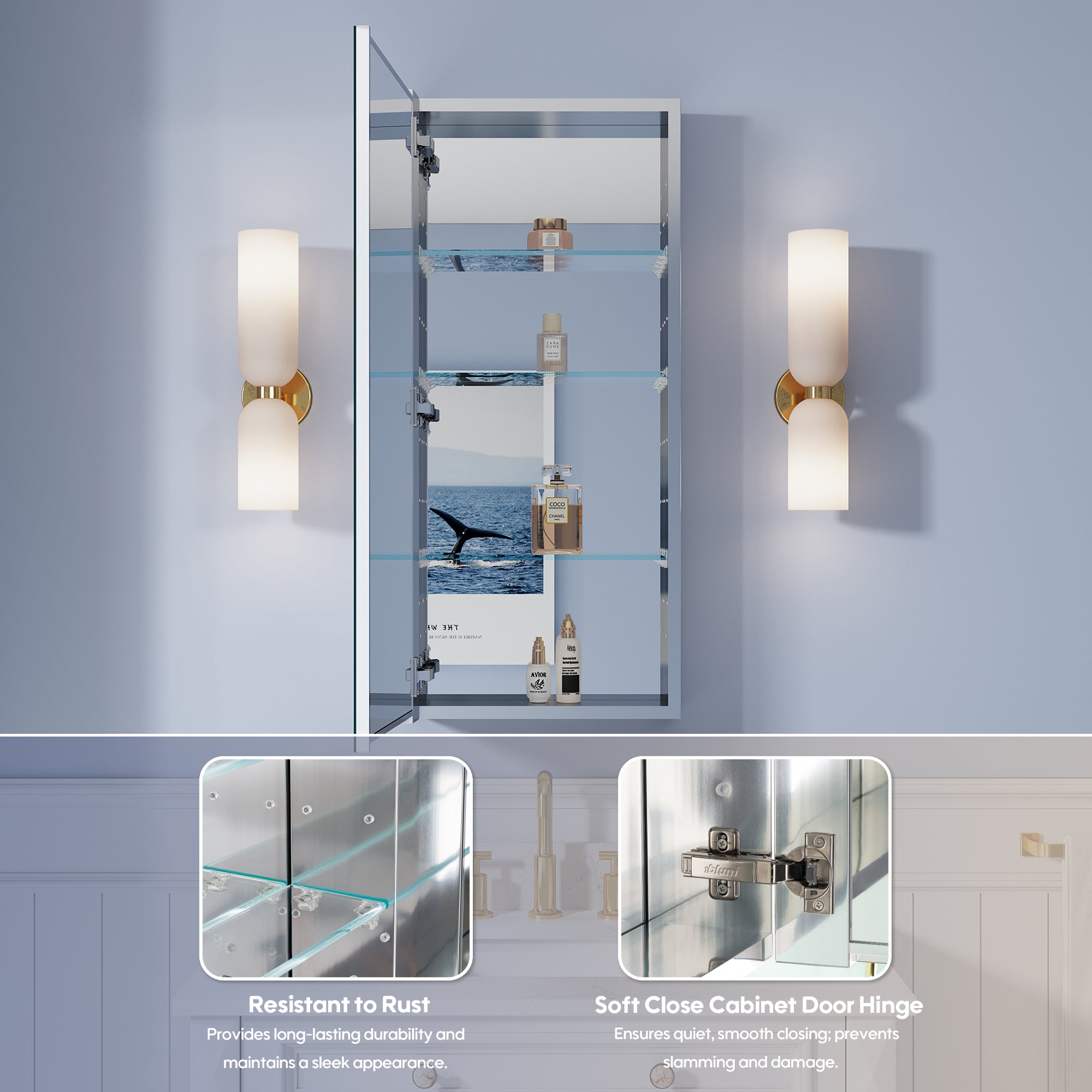 16 in. ×36 in. Copper-Free Tri-Views Mirror Medicine Cabinet, Recessed/Surface Mount and Left Swing Door