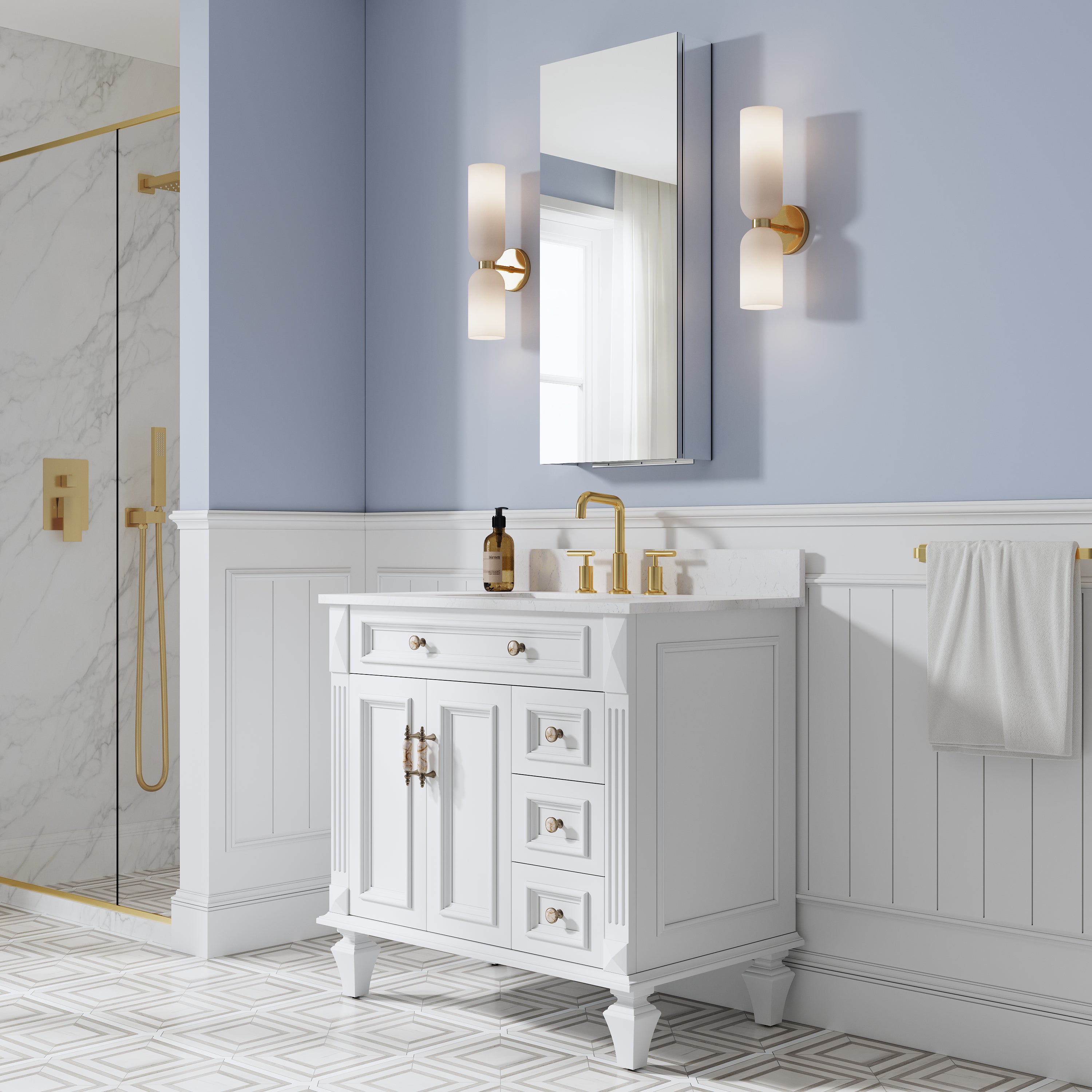 16 in. ×36 in. Copper-Free Tri-Views Mirror Medicine Cabinet, Recessed/Surface Mount and Left Swing Door