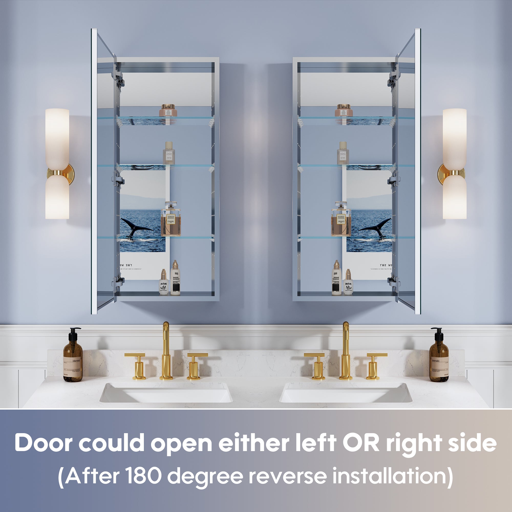 16 in. ×36 in. Copper-Free Tri-Views Mirror Medicine Cabinet, Recessed/Surface Mount and Left Swing Door