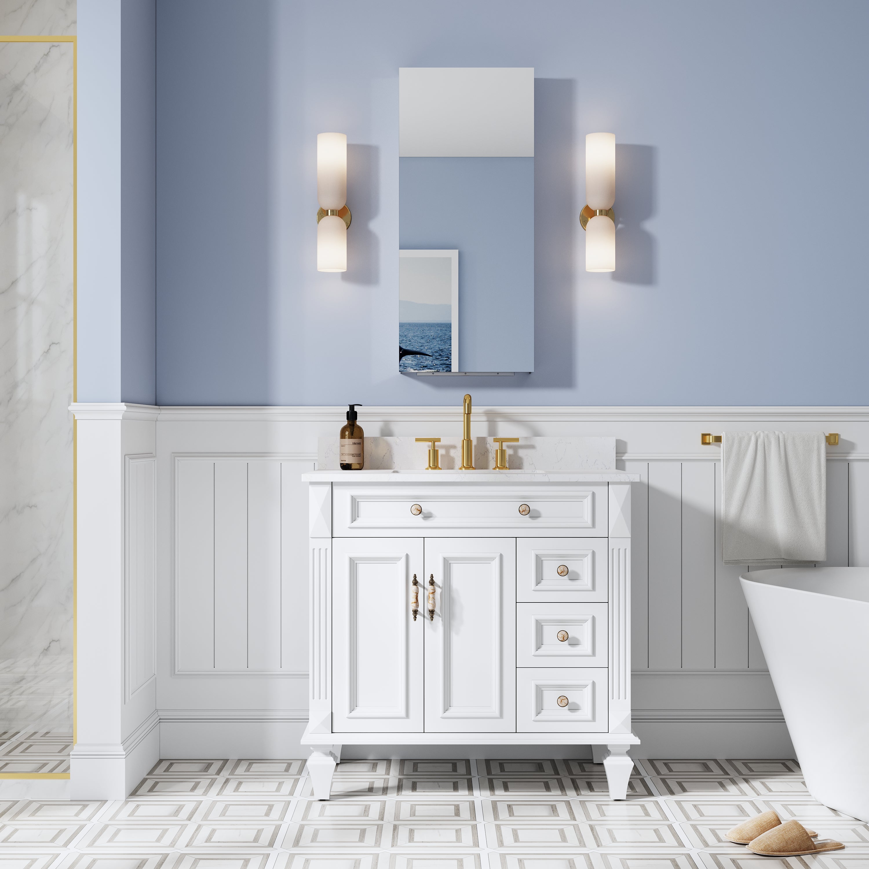 16 in. ×36 in. Copper-Free Tri-Views Mirror Medicine Cabinet, Recessed/Surface Mount and Left Swing Door