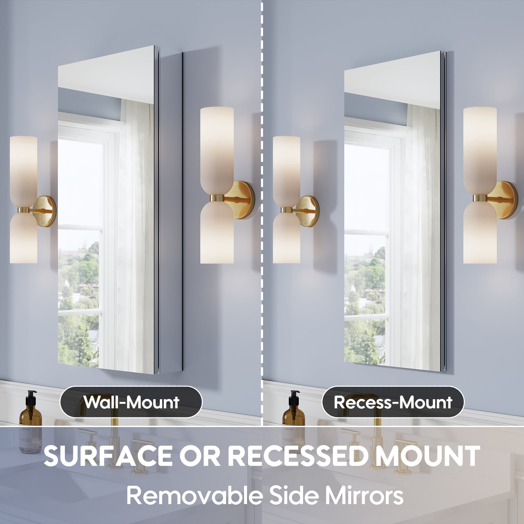 16 in. ×36 in. Copper-Free Tri-Views Mirror Medicine Cabinet, Recessed/Surface Mount and Left Swing Door