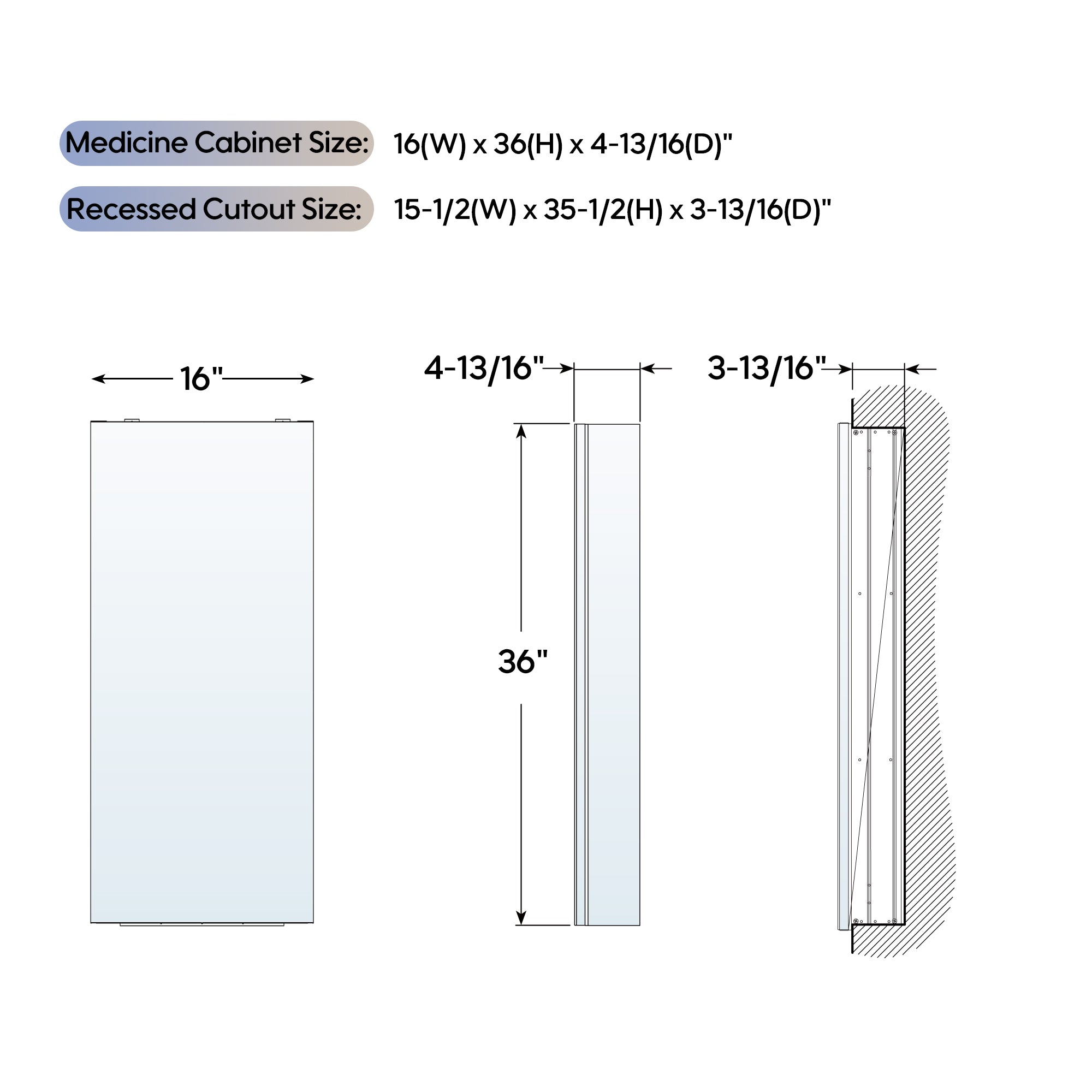 16 in. ×36 in. Copper-Free Tri-Views Mirror Medicine Cabinet, Recessed/Surface Mount and Right Swing Door