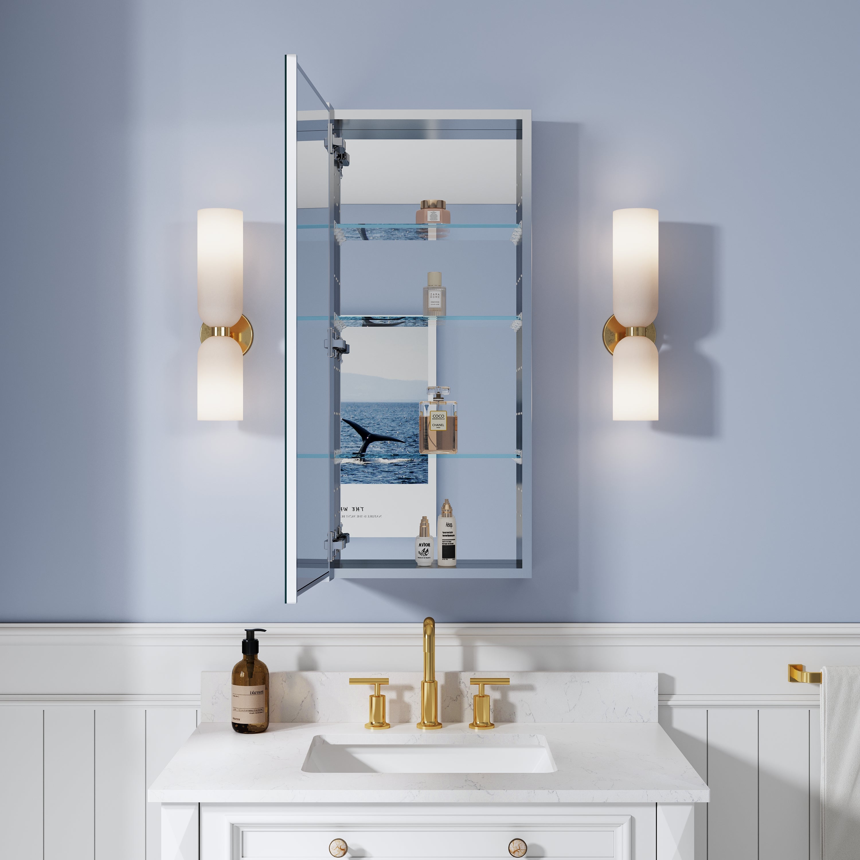 16 in. ×36 in. Copper-Free Tri-Views Mirror Medicine Cabinet, Recessed/Surface Mount and Left Swing Door