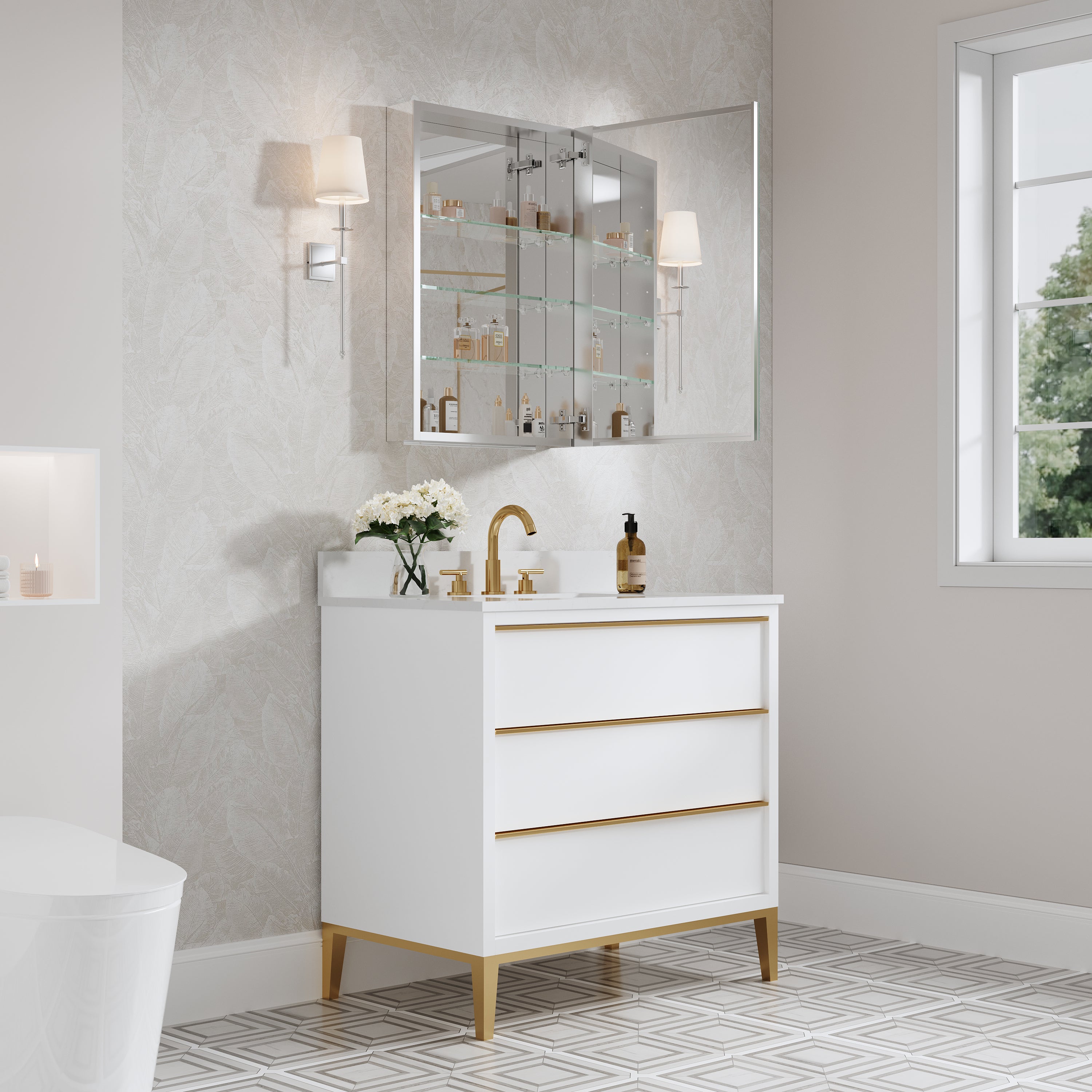 20 in.×30 in. Copper-Free Tri-Views Mirror Cabinet with Adjustable Shelves and Right Swing Door