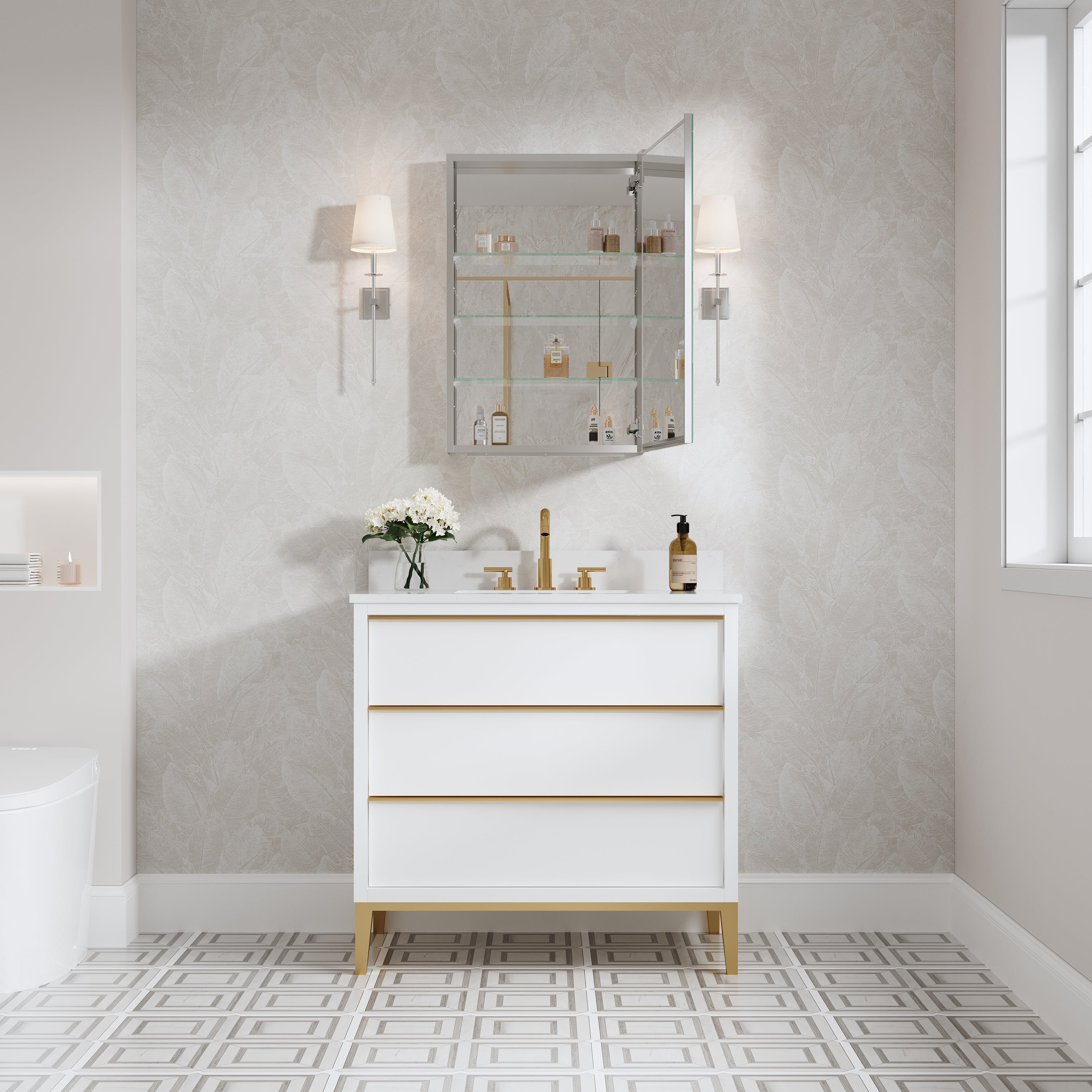 20 in.×30 in. Copper-Free Tri-Views Mirror Cabinet with Adjustable Shelves and Right Swing Door